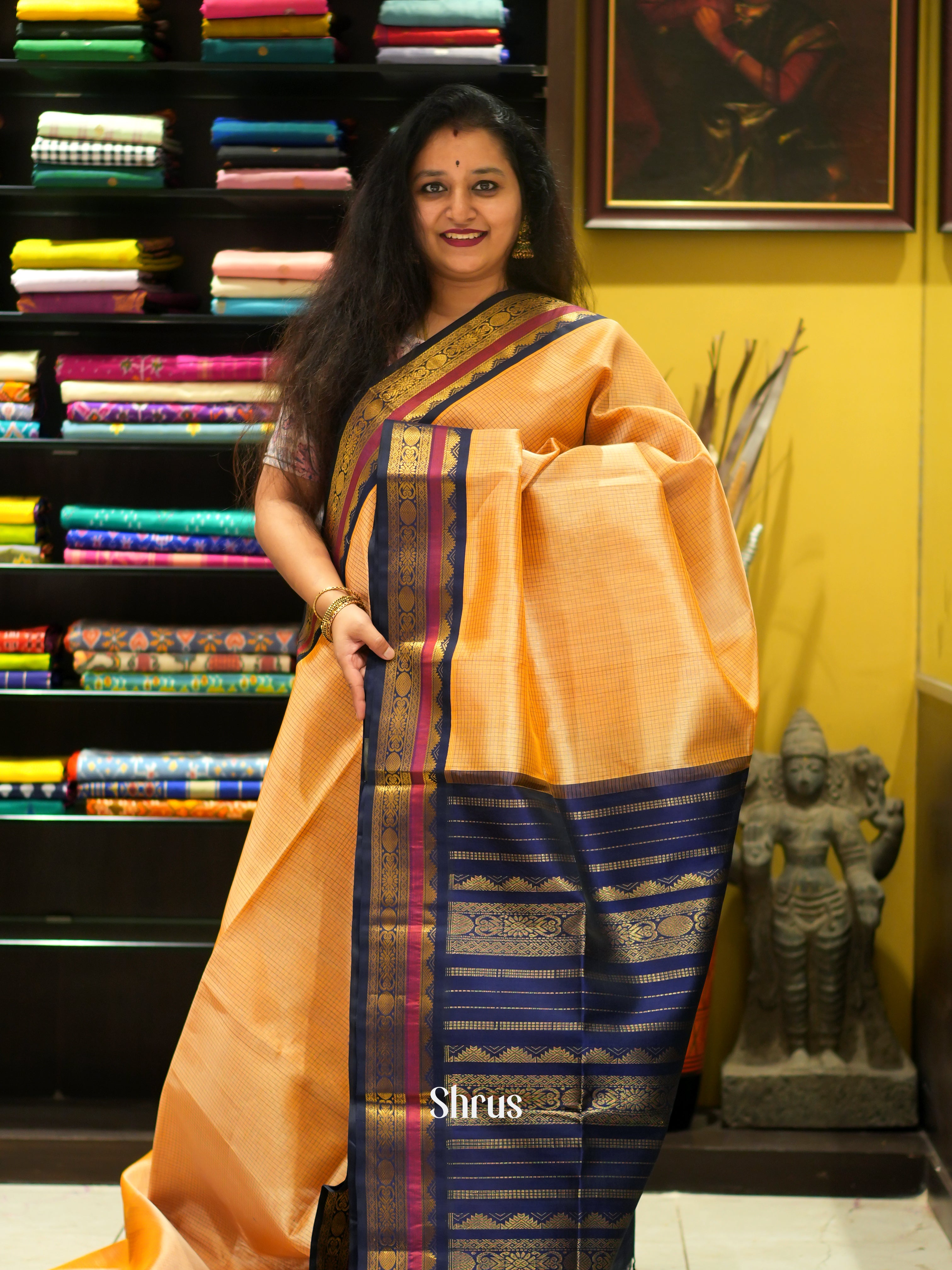 Peach & Blue - Silk Cotton Saree - Shop on ShrusEternity.com