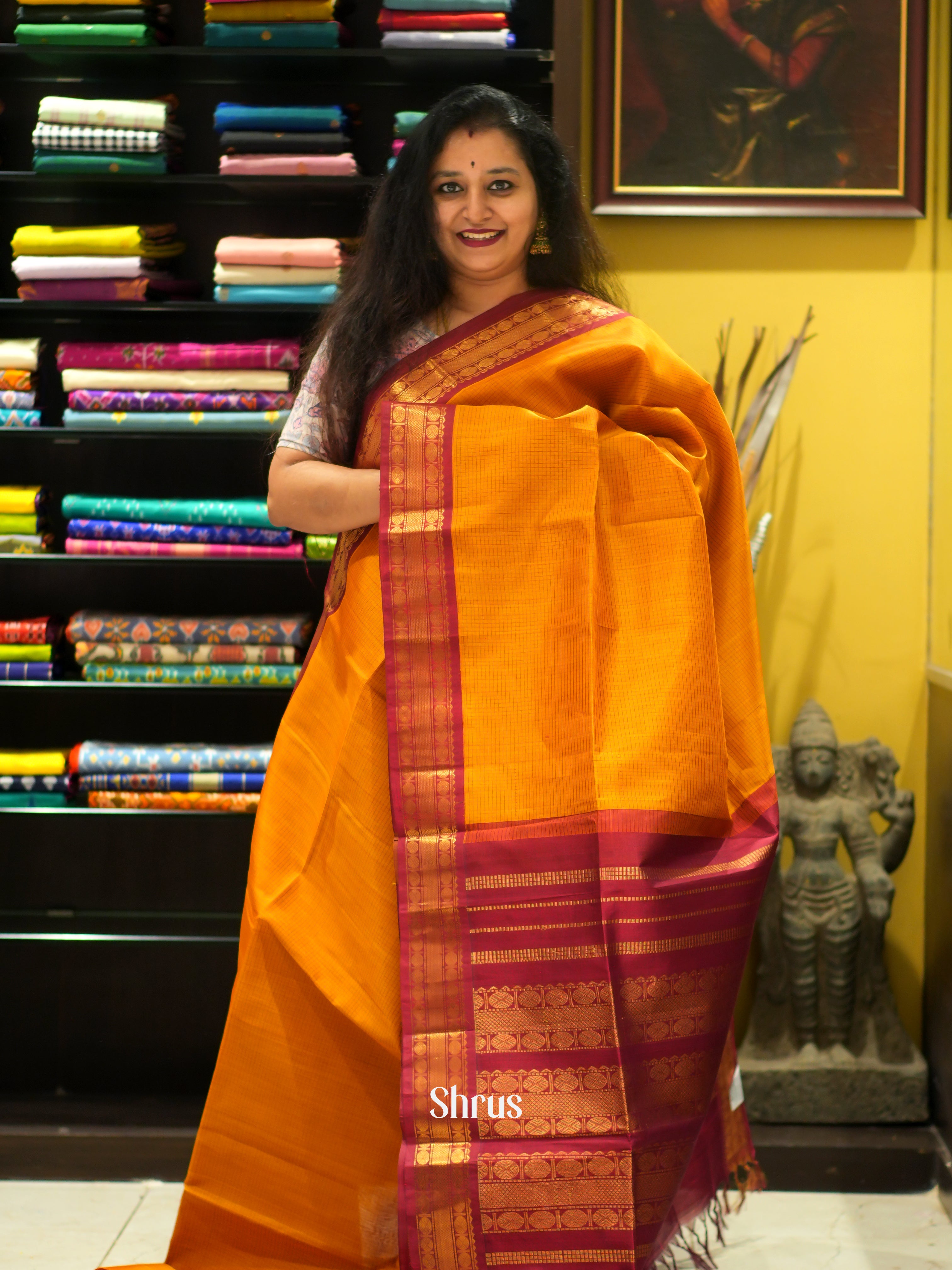 Yellow & Maroon - Silk Cotton Saree - Shop on ShrusEternity.com