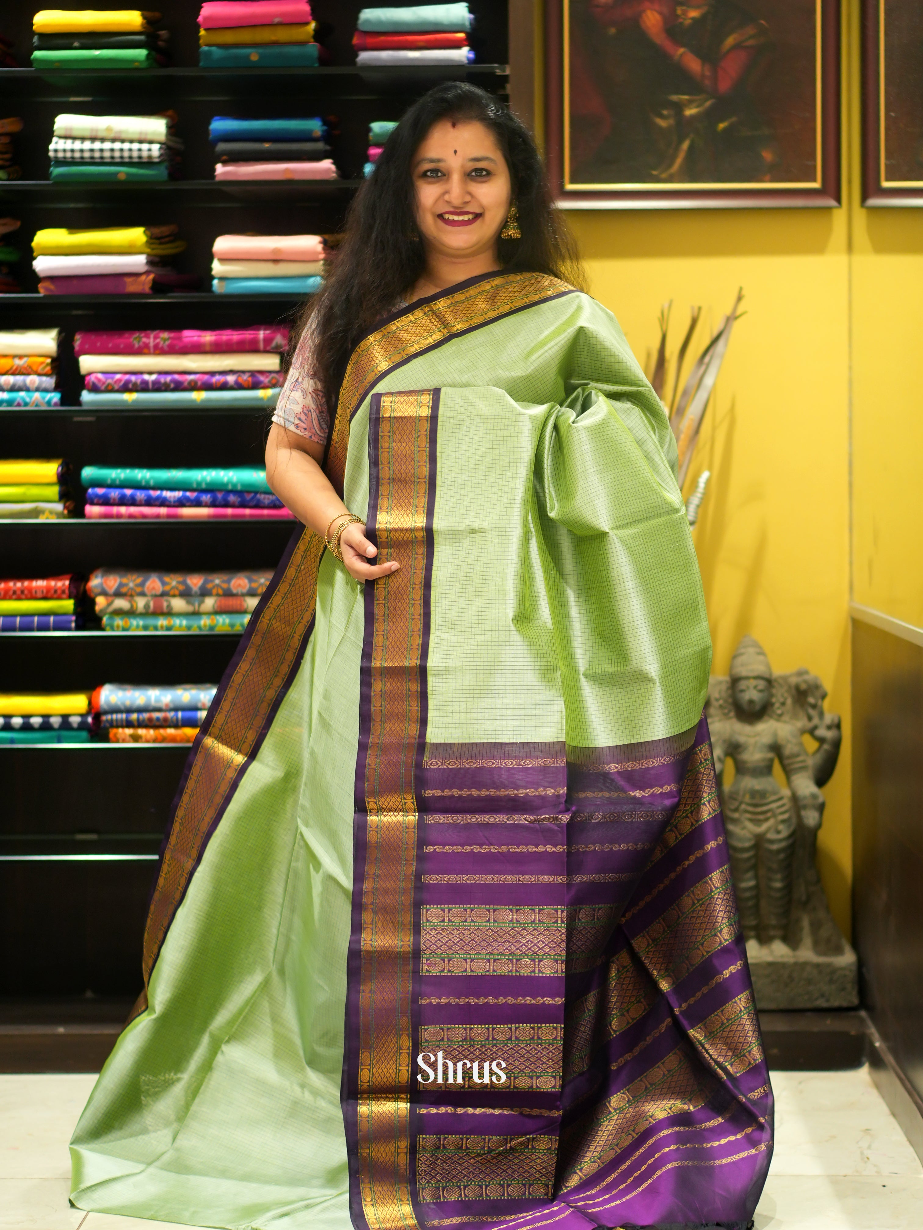 Pista Green & Purple - Silk Cotton Saree - Shop on ShrusEternity.com
