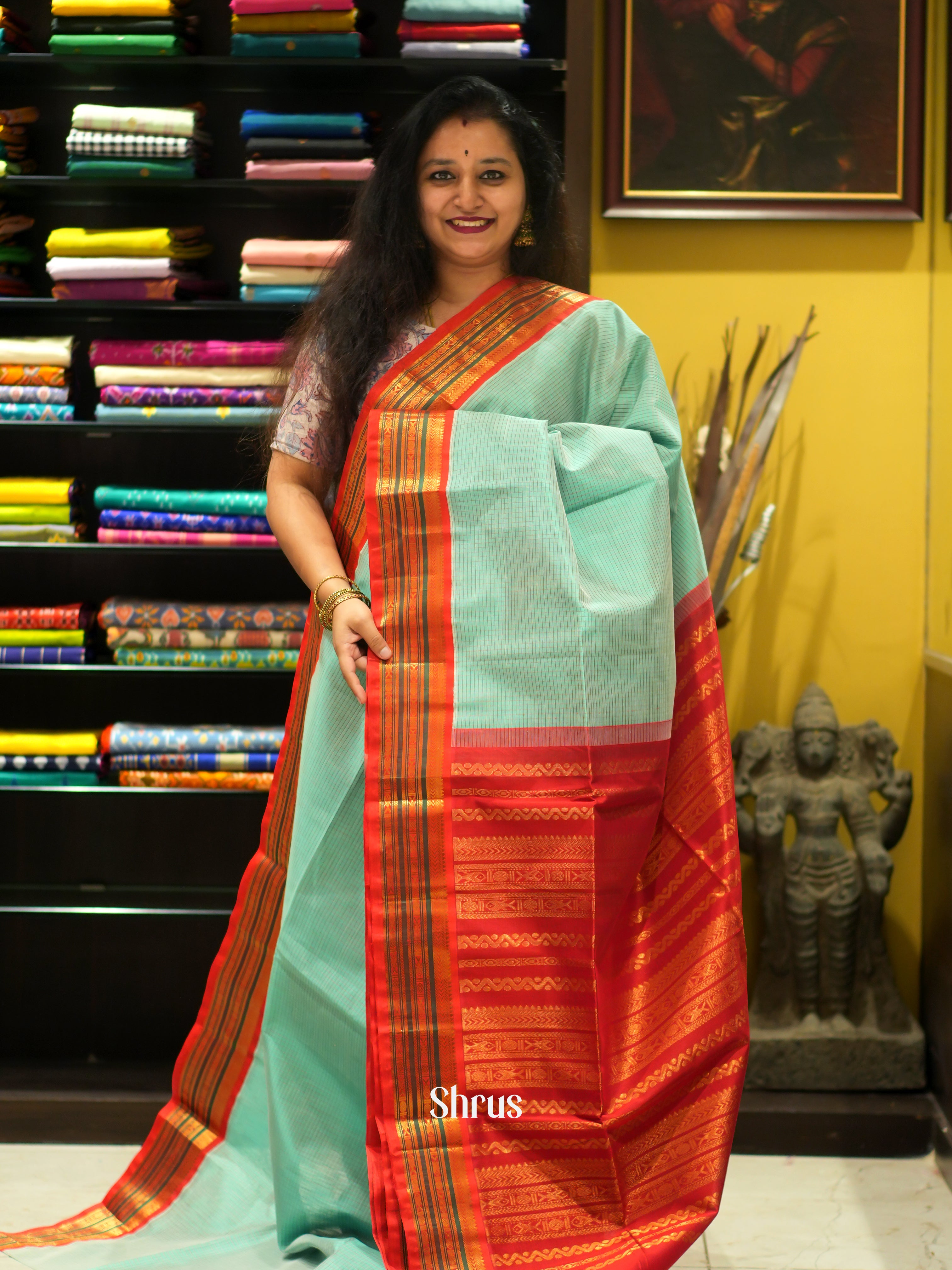 Teal Green & Red - Silk Cotton Saree - Shop on ShrusEternity.com