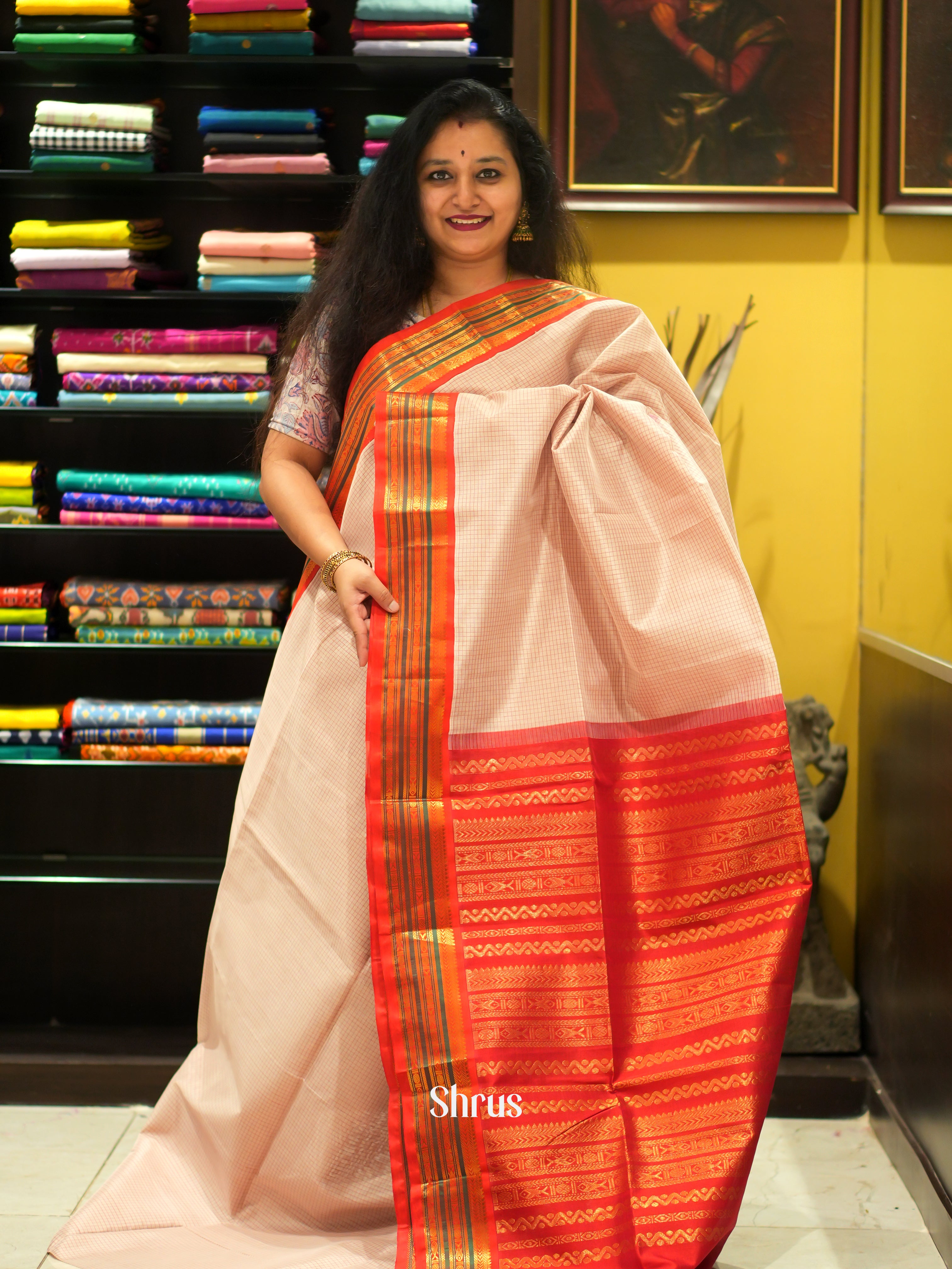 Dusty Pink & Red - Silk Cotton Saree - Shop on ShrusEternity.com