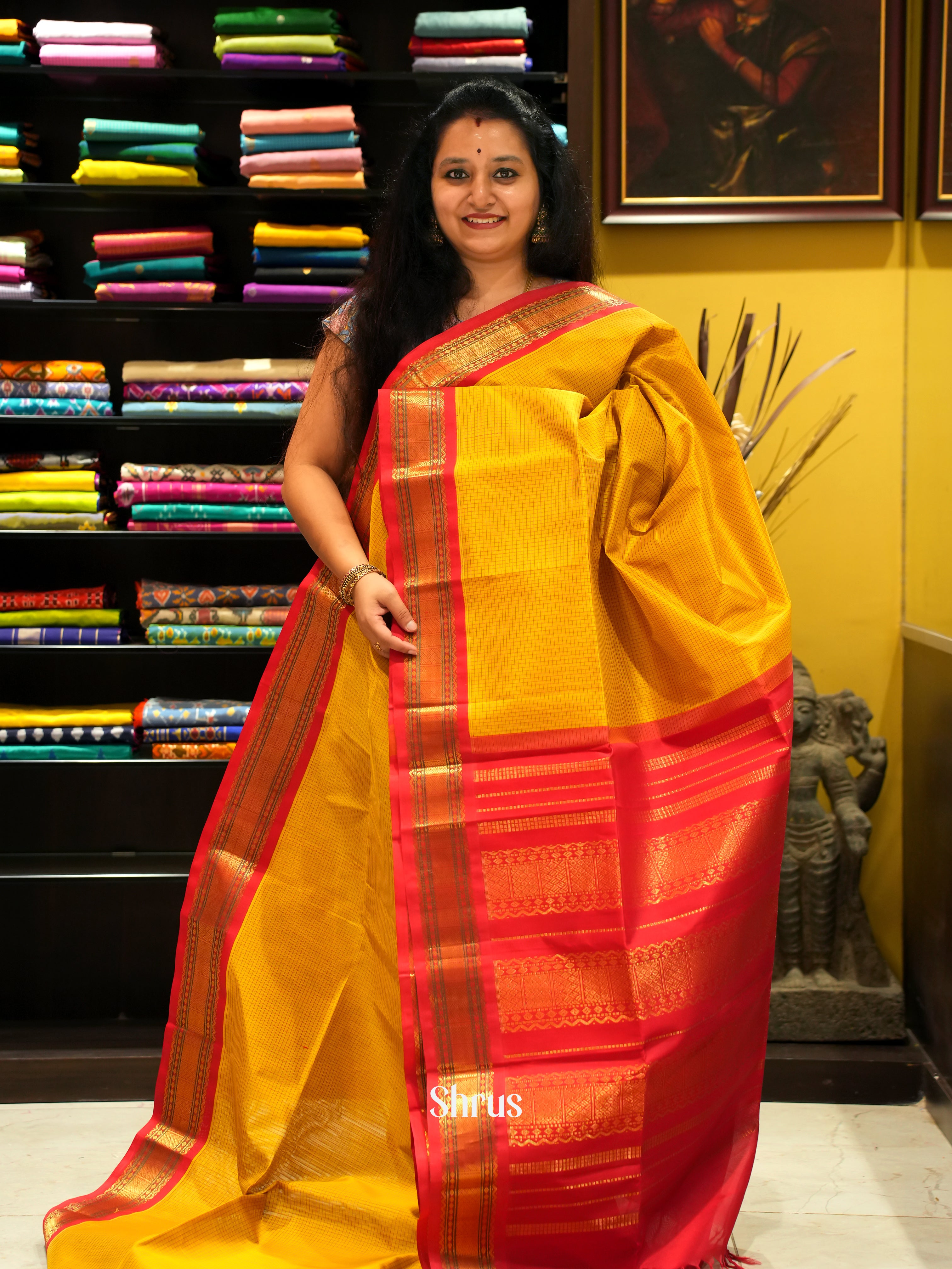 Bright Yellow & Red - Silk Cotton Saree - Shop on ShrusEternity.com