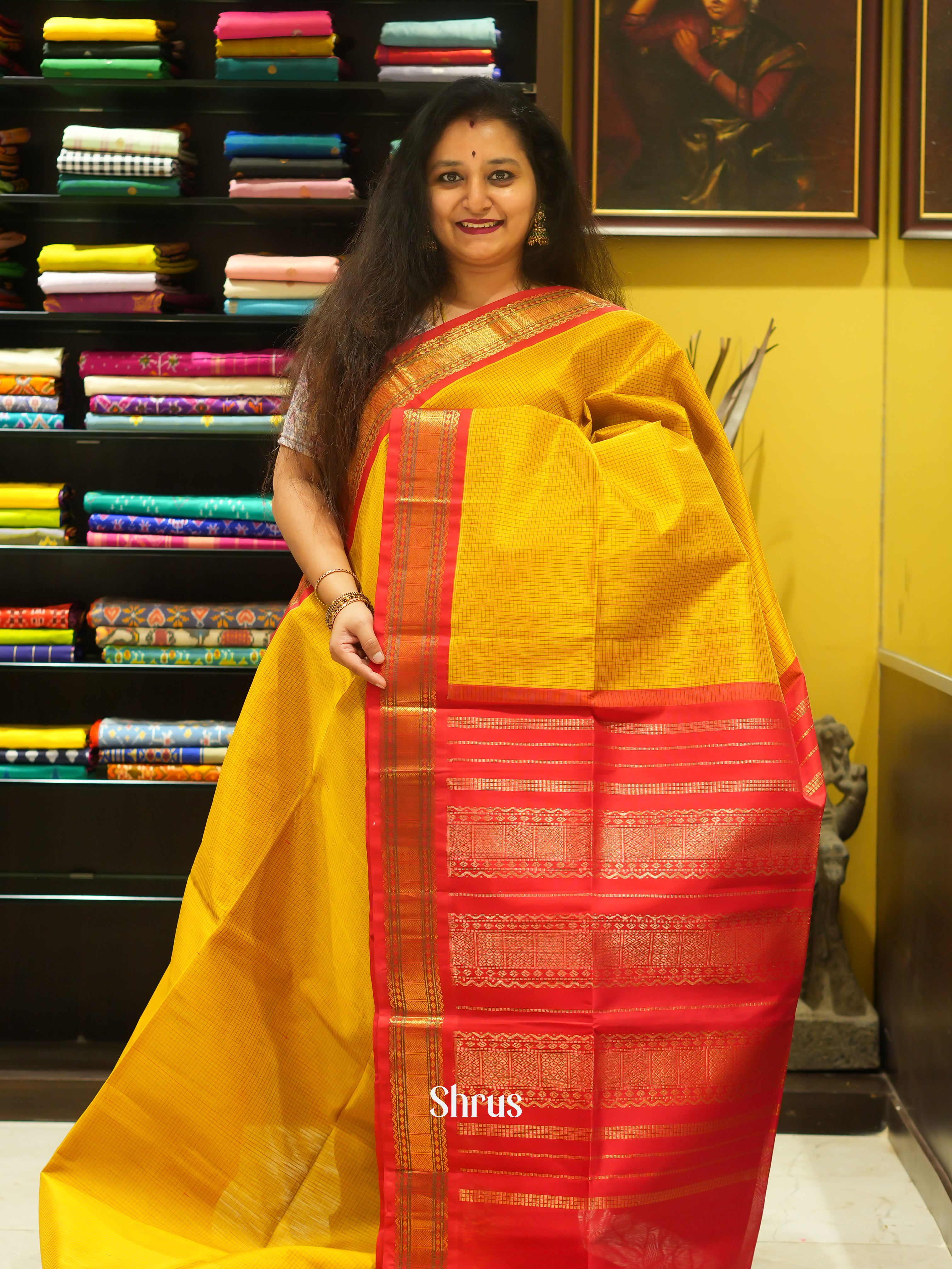 Bright Yellow & Red - Silk Cotton Saree - Shop on ShrusEternity.com