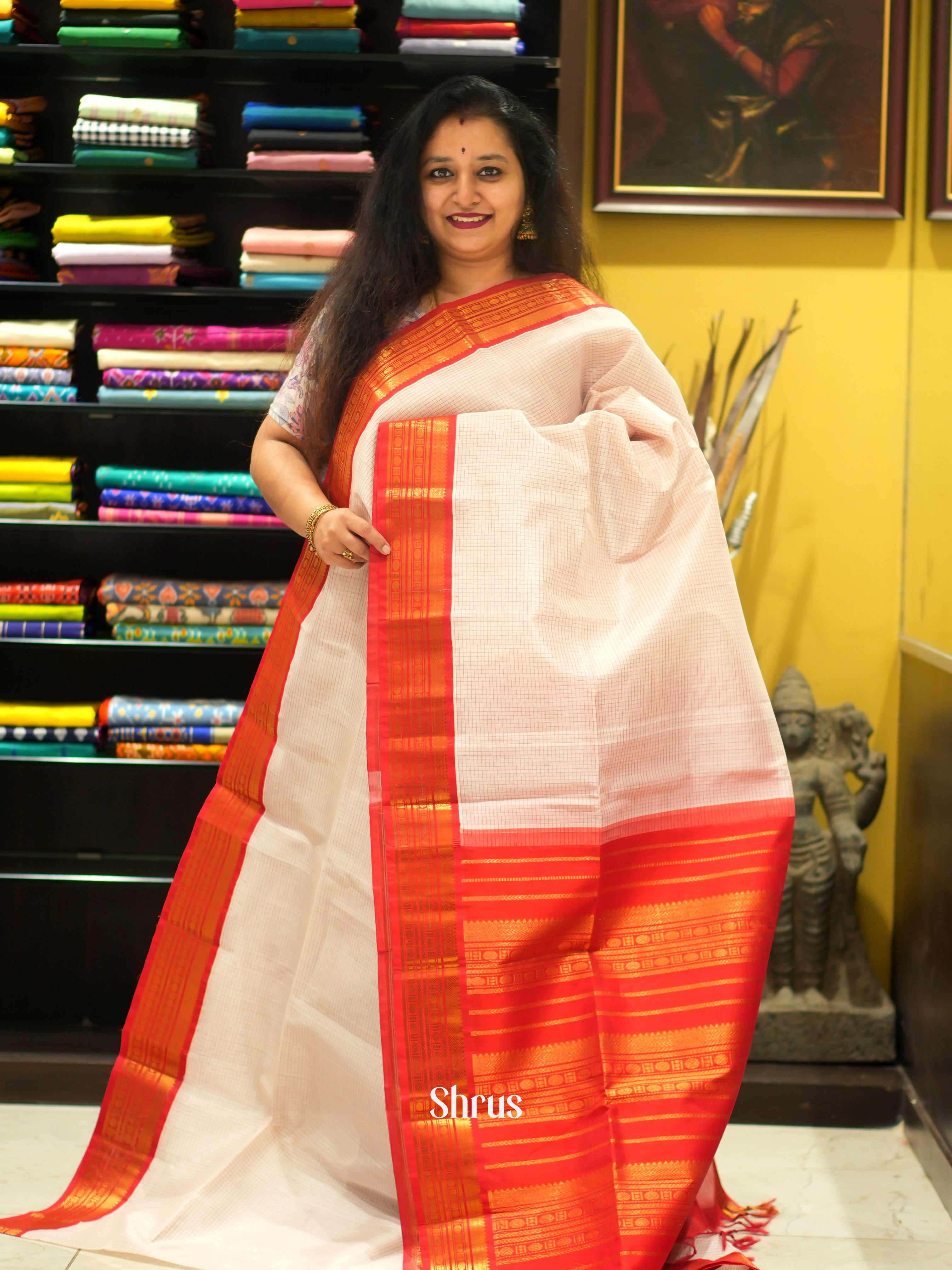 White & Red - Silk Cotton Saree - Shop on ShrusEternity.com