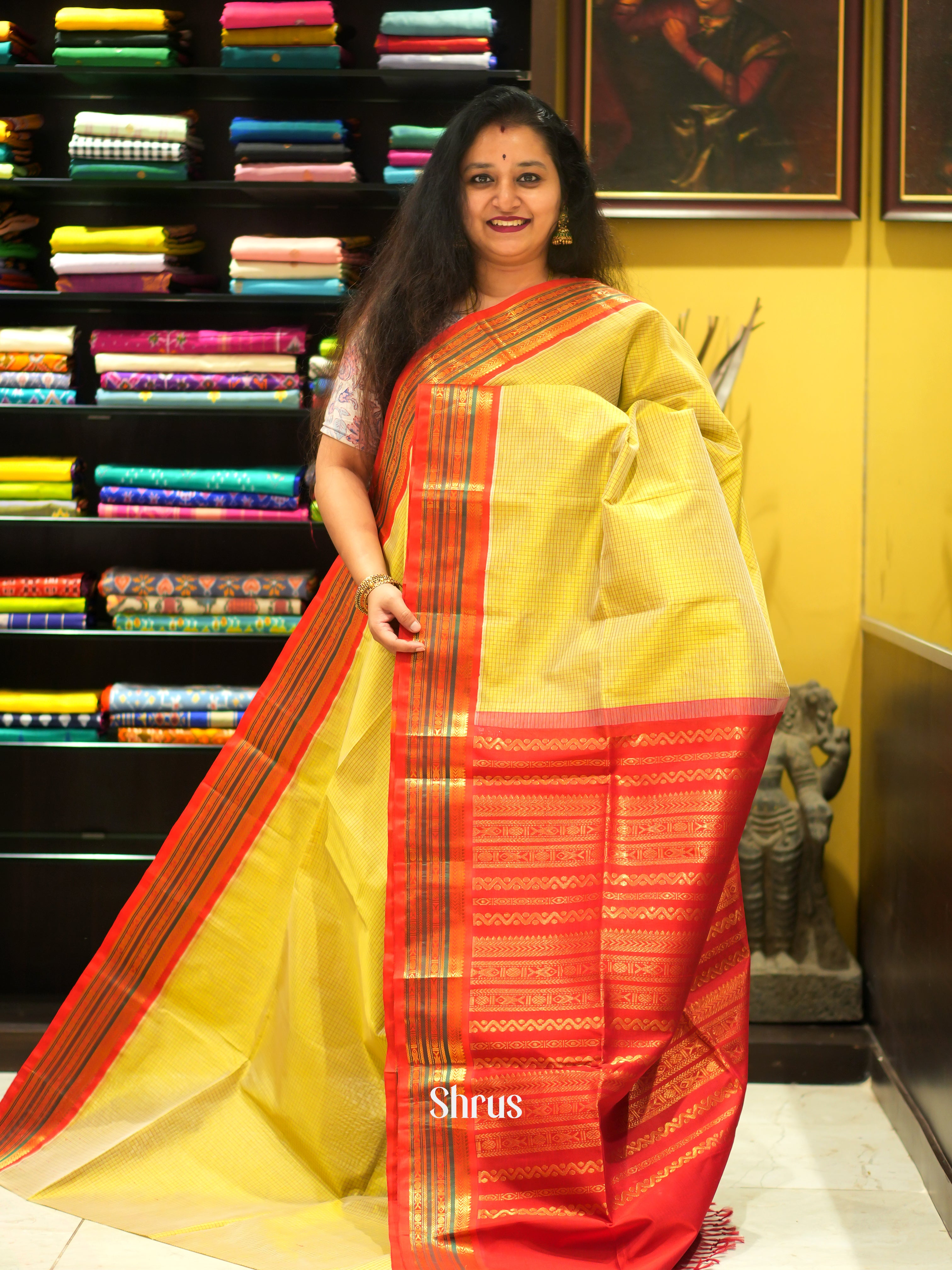 Lemon Yellow & Red - Silk Cotton Saree - Shop on ShrusEternity.com