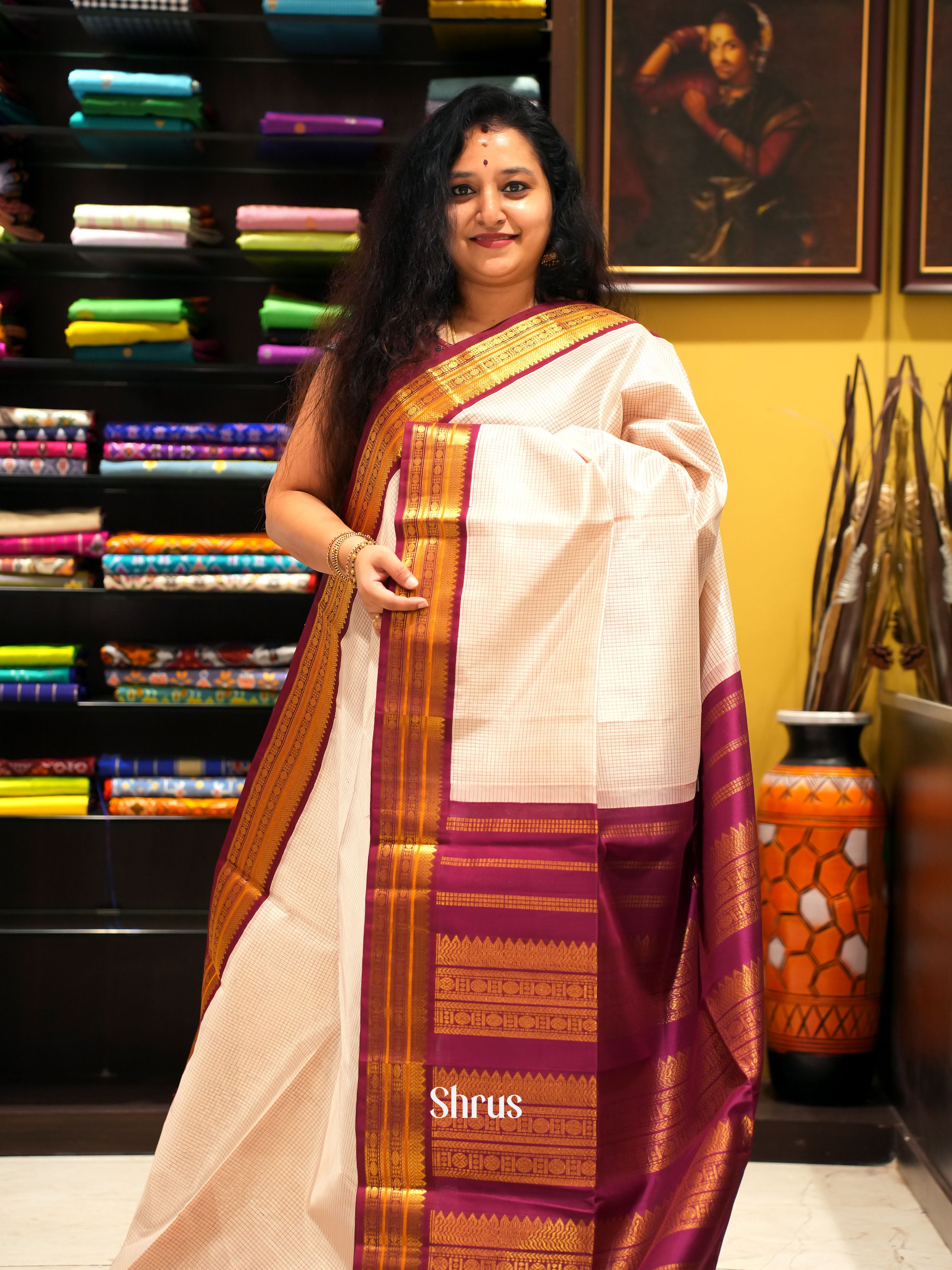 Cream & Maroon - Silk Cotton Saree - Shop on ShrusEternity.com