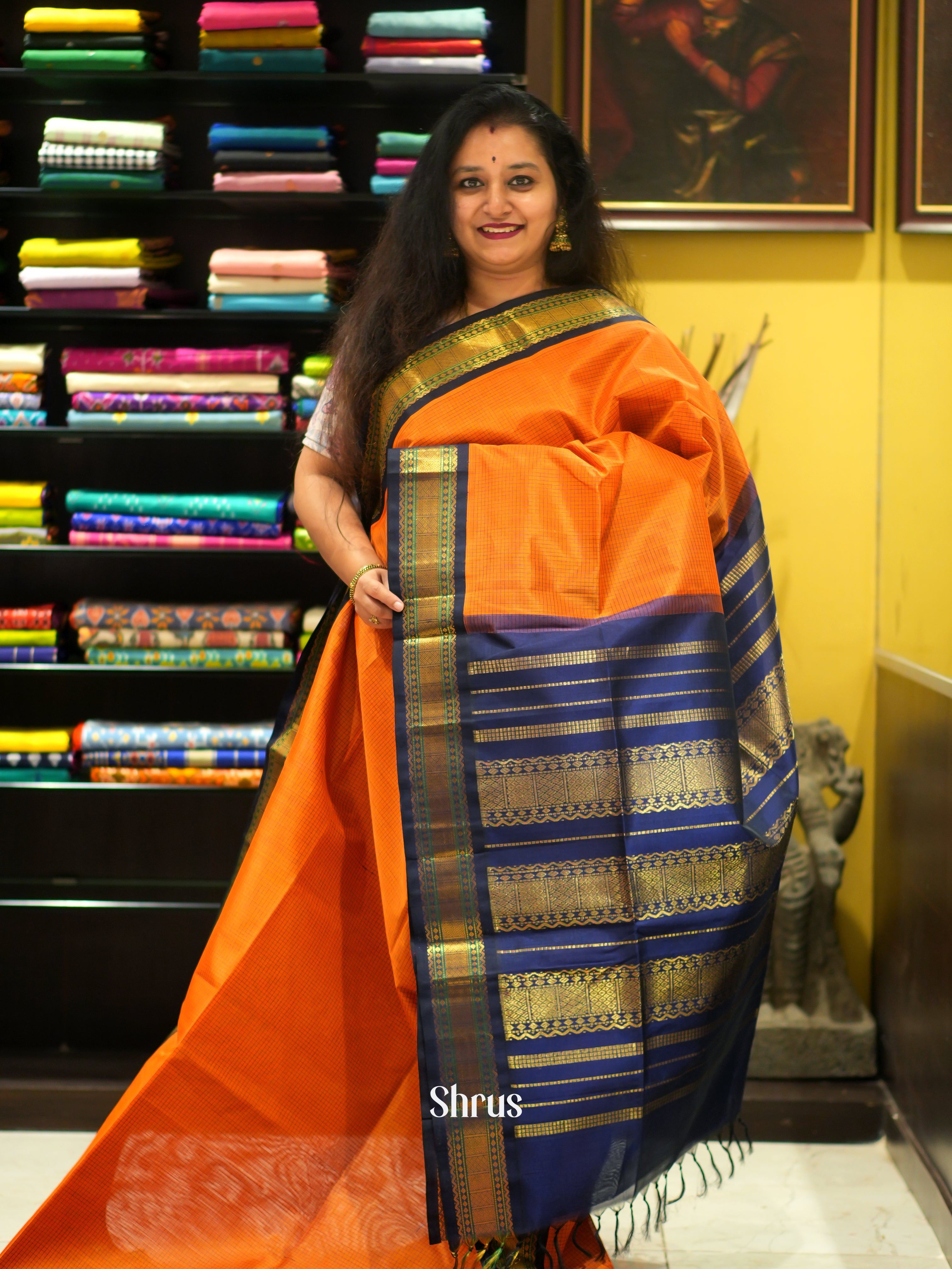 orange & Blue - Silk Cotton Saree - Shop on ShrusEternity.com