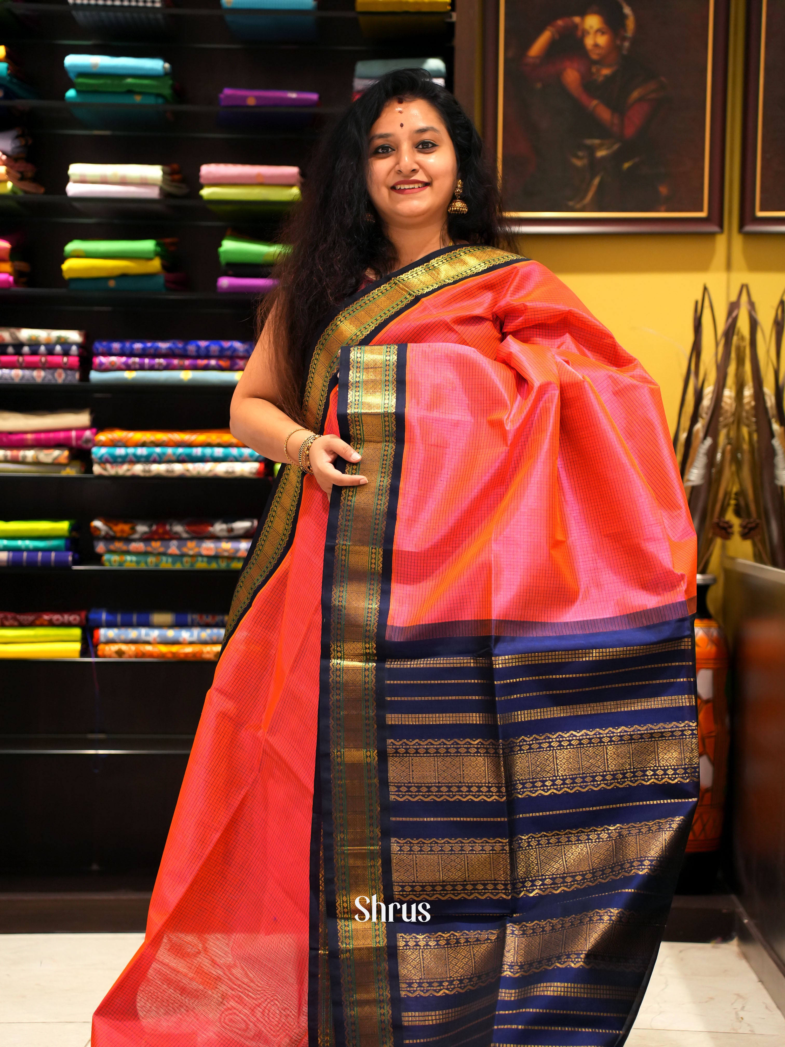 Pink & Blue -Silk Cotton Saree - Shop on ShrusEternity.com
