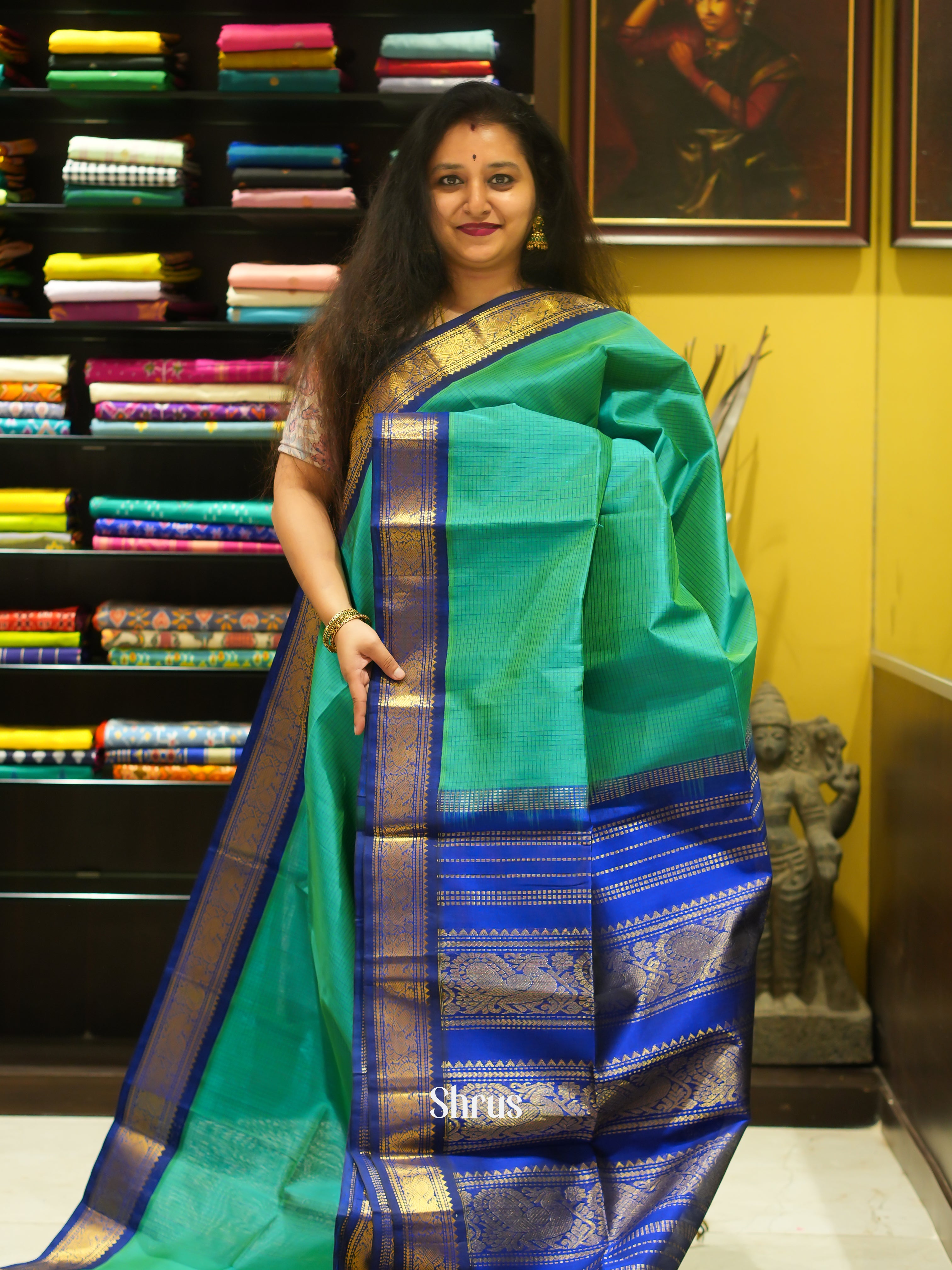 Green & Blue - Silk Cotton Saree - Shop on ShrusEternity.com