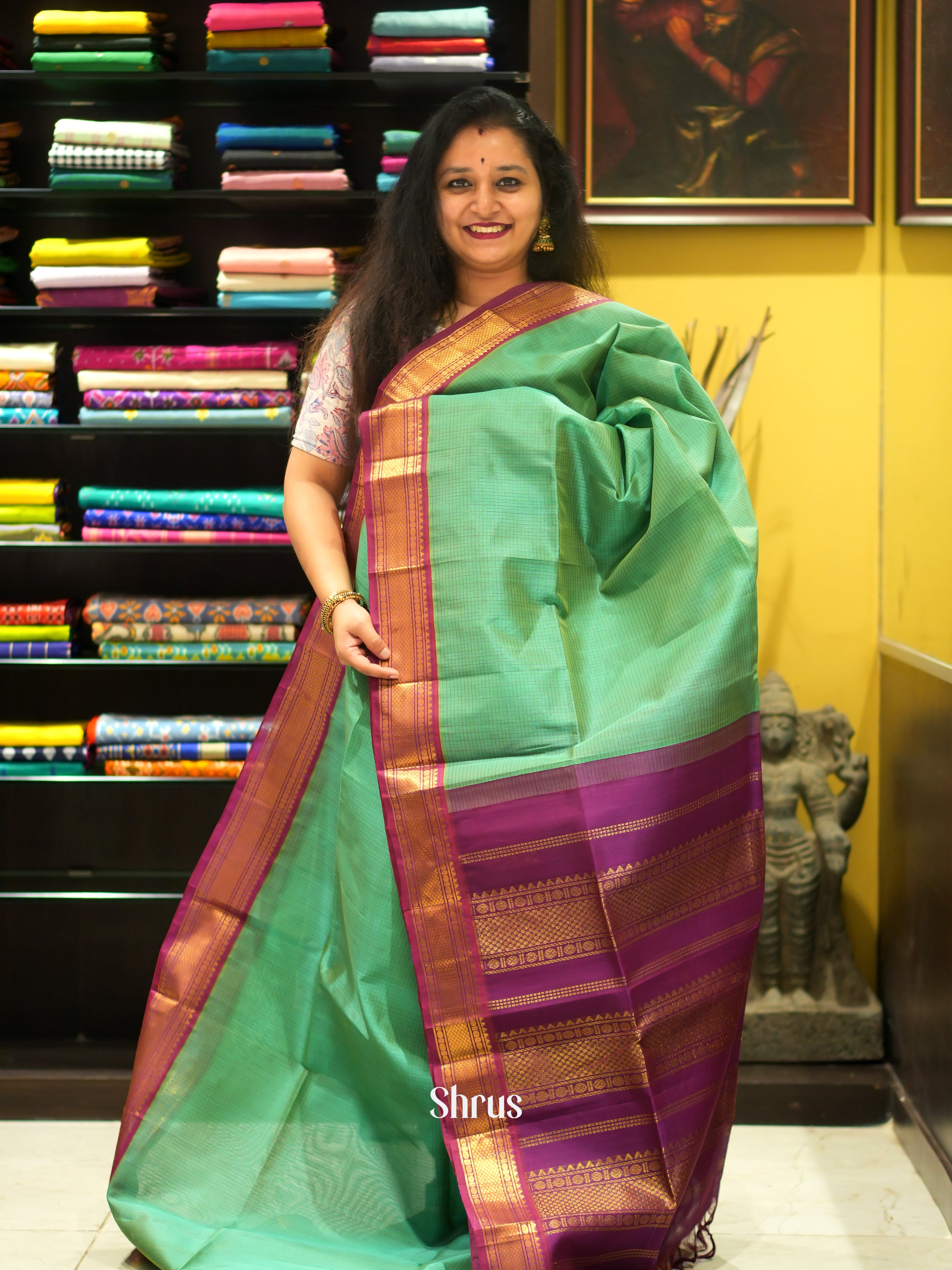 Green & Purple - Silk Cotton Saree - Shop on ShrusEternity.com