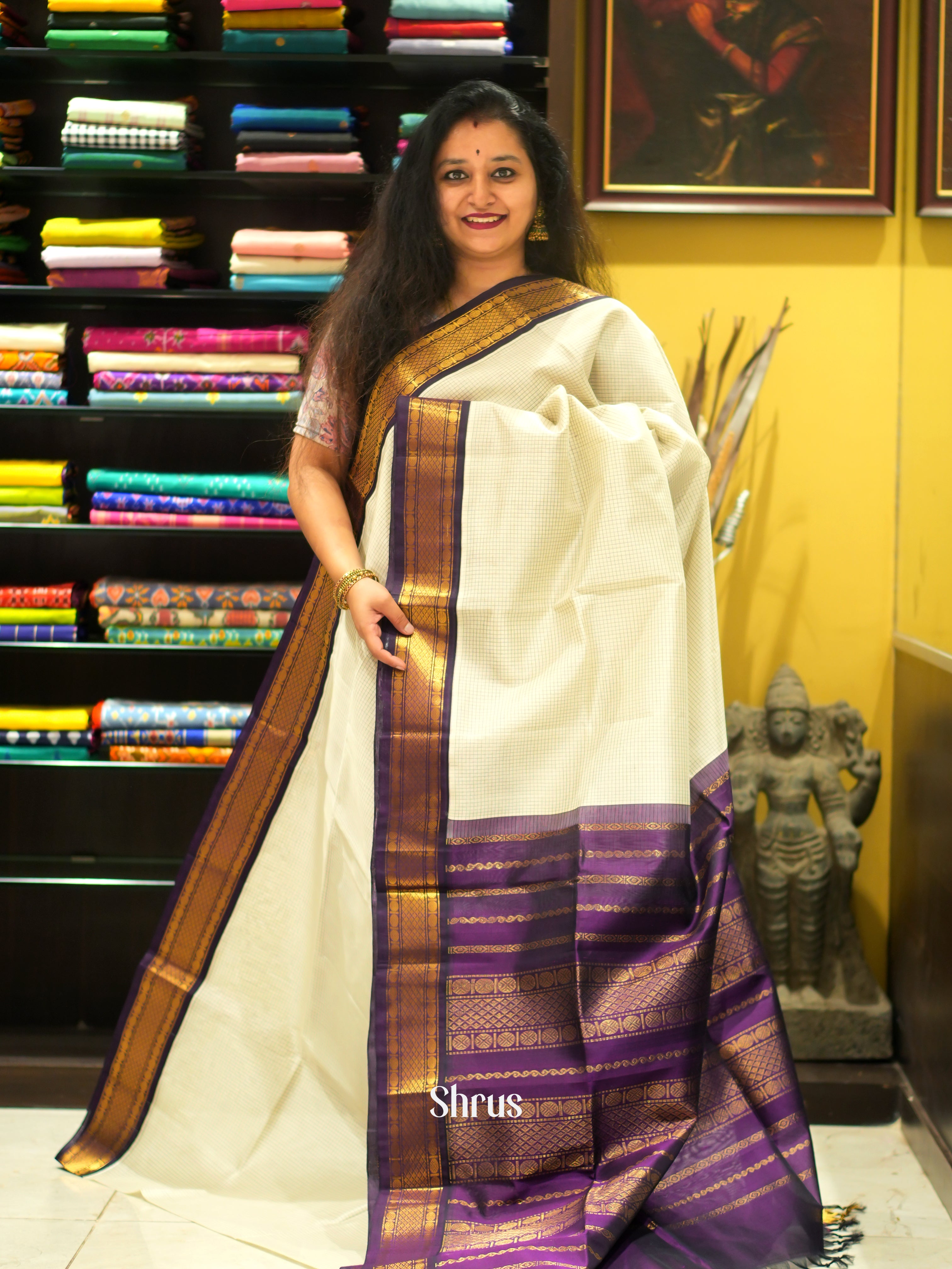 Cream & Purple - Silk Cotton Saree - Shop on ShrusEternity.com
