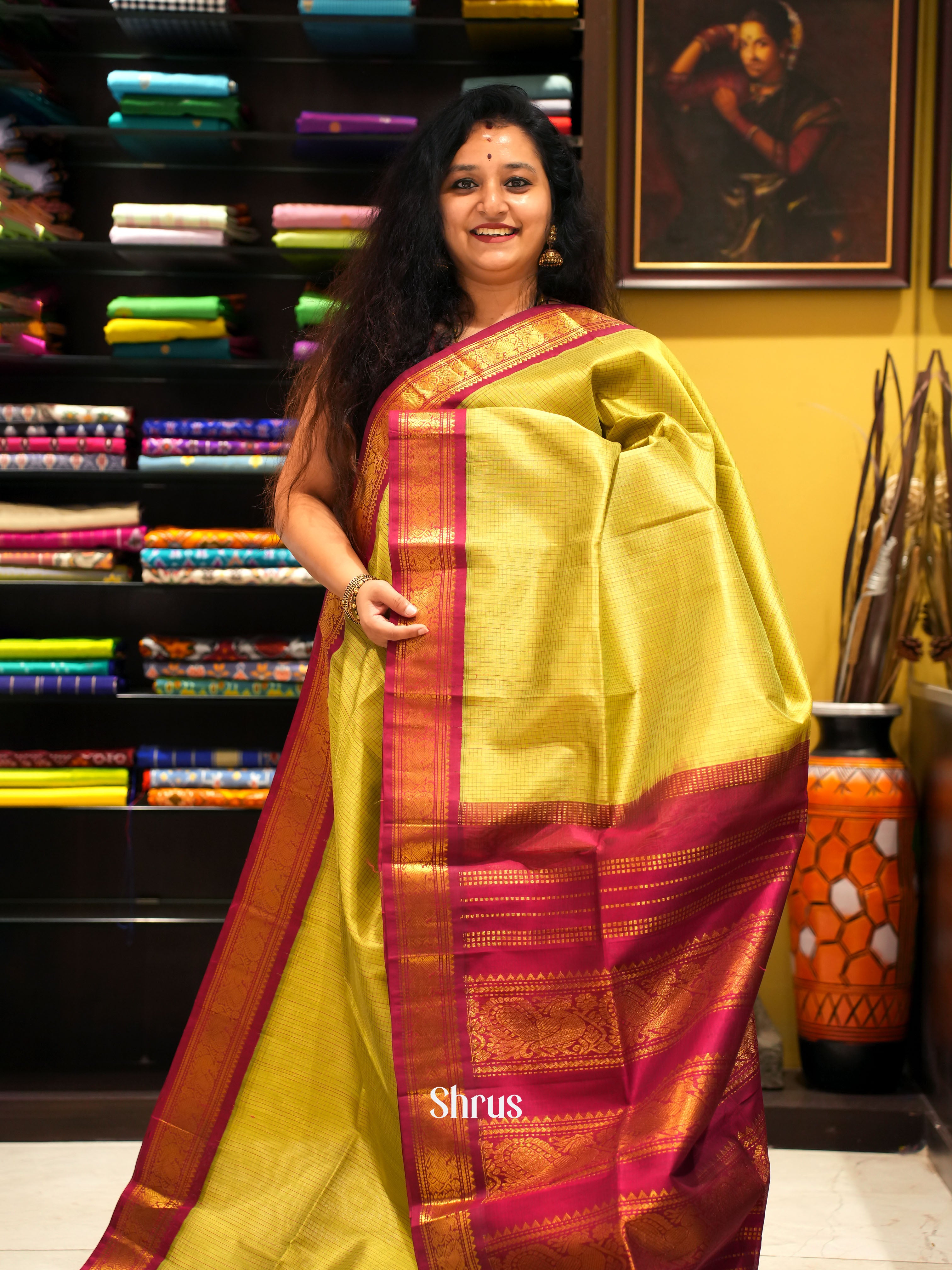 Lime Green & Maroon - Silk Cotton Saree - Shop on ShrusEternity.com