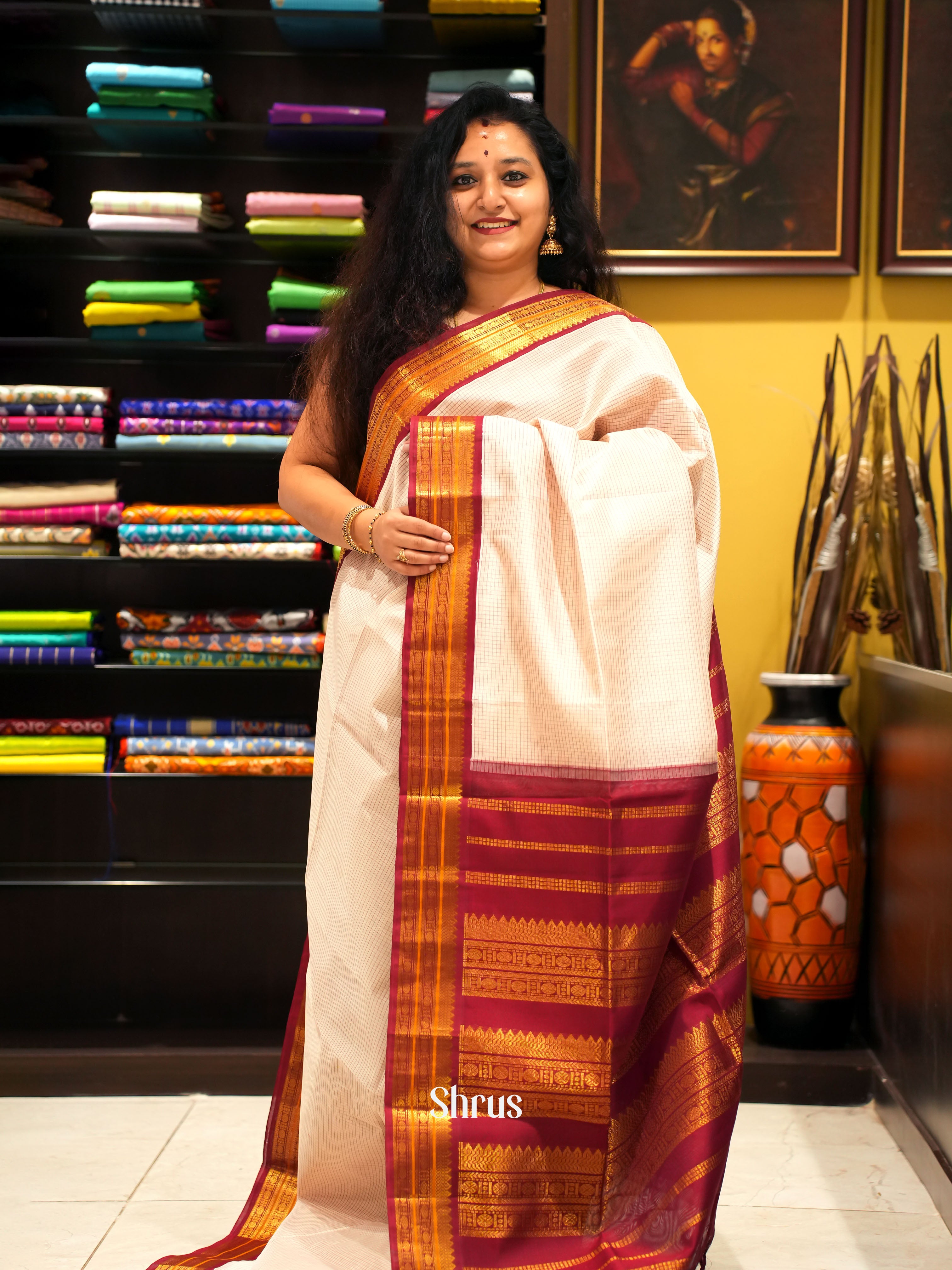 Cream & Maroon -Silk Cotton - Shop on ShrusEternity.com