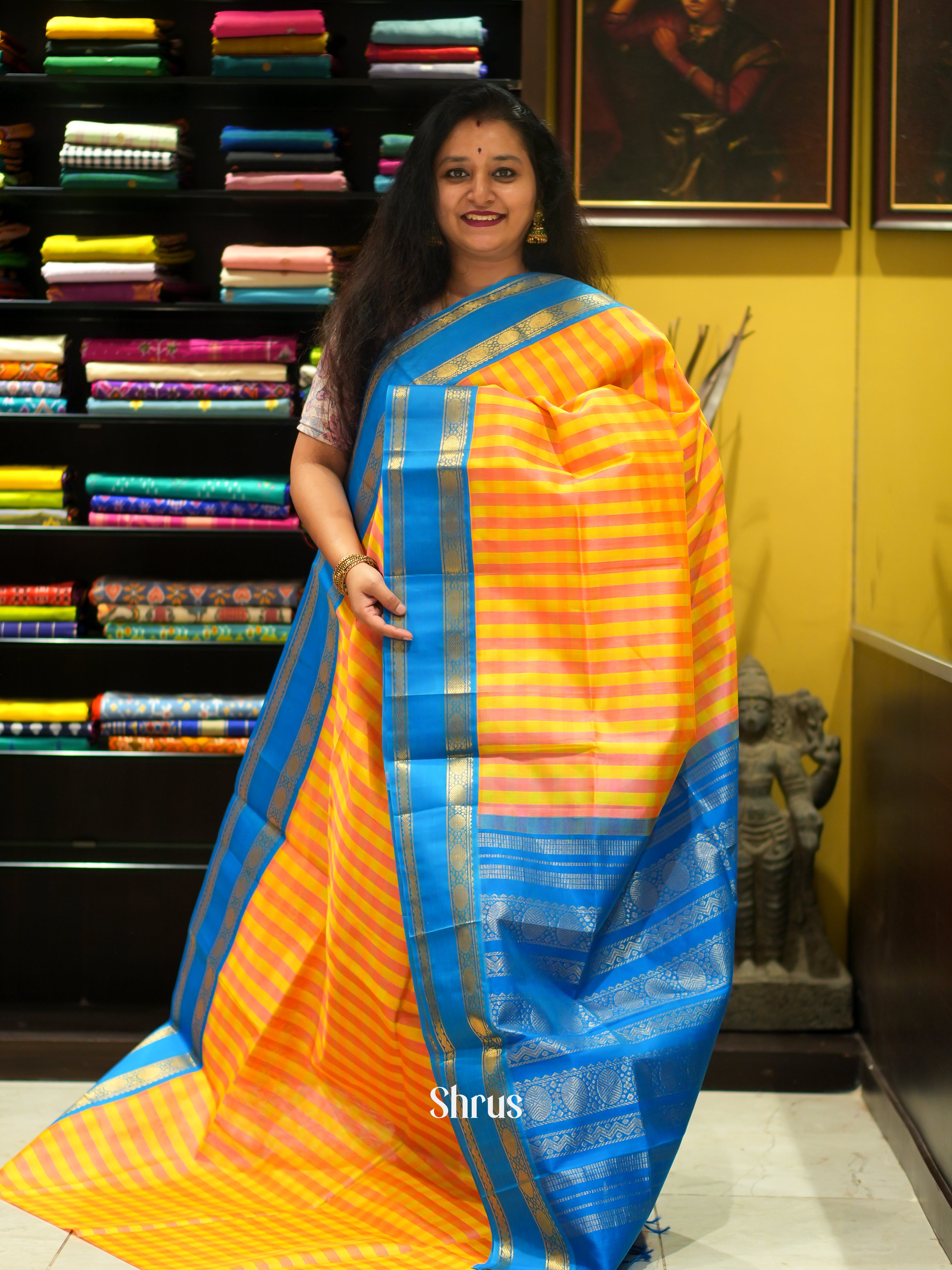 Yellow & Orange- Silk Cotton Saree - Shop on ShrusEternity.com