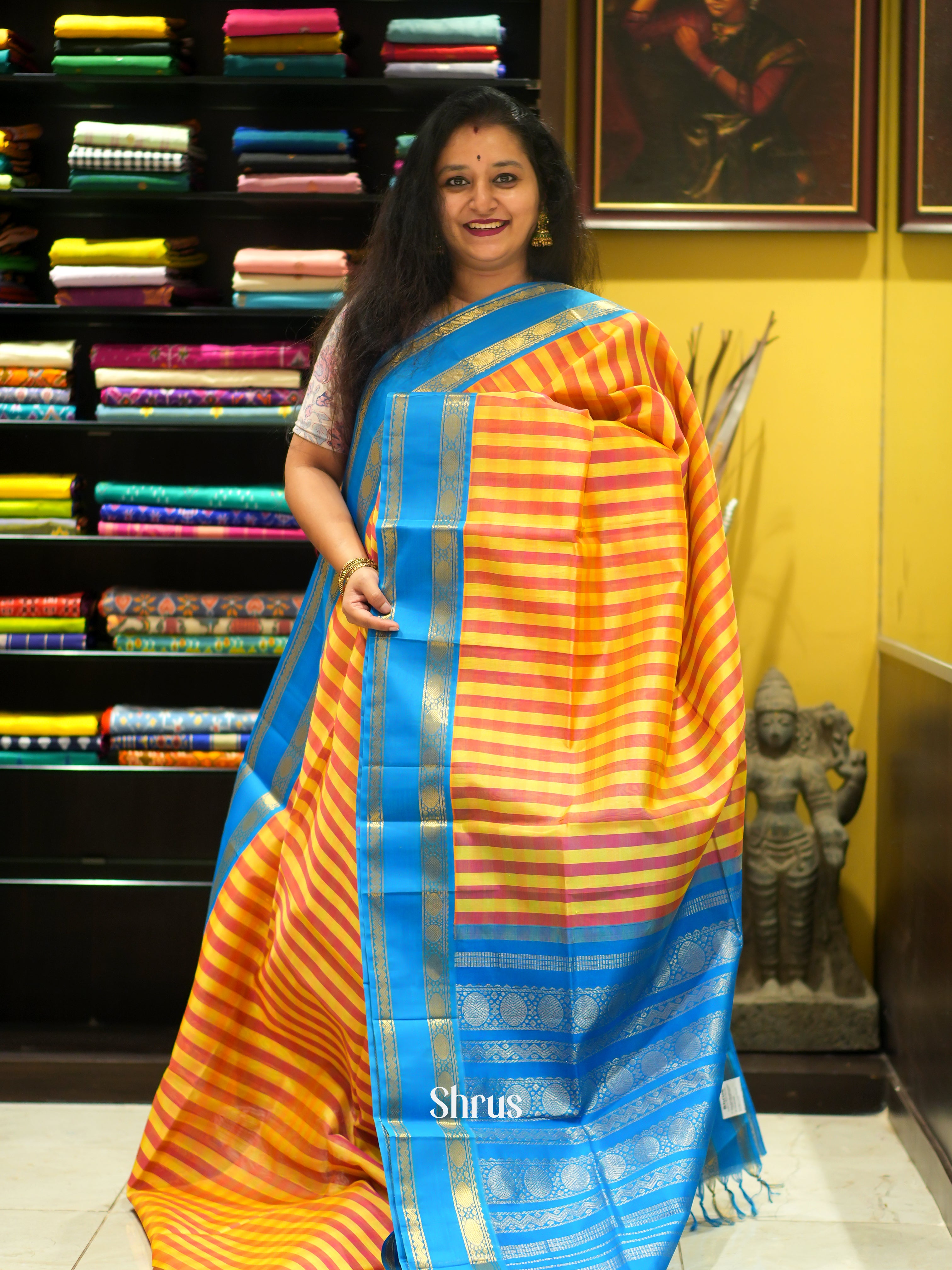 Orange & Blue - Silk Cotton Saree - Shop on ShrusEternity.com