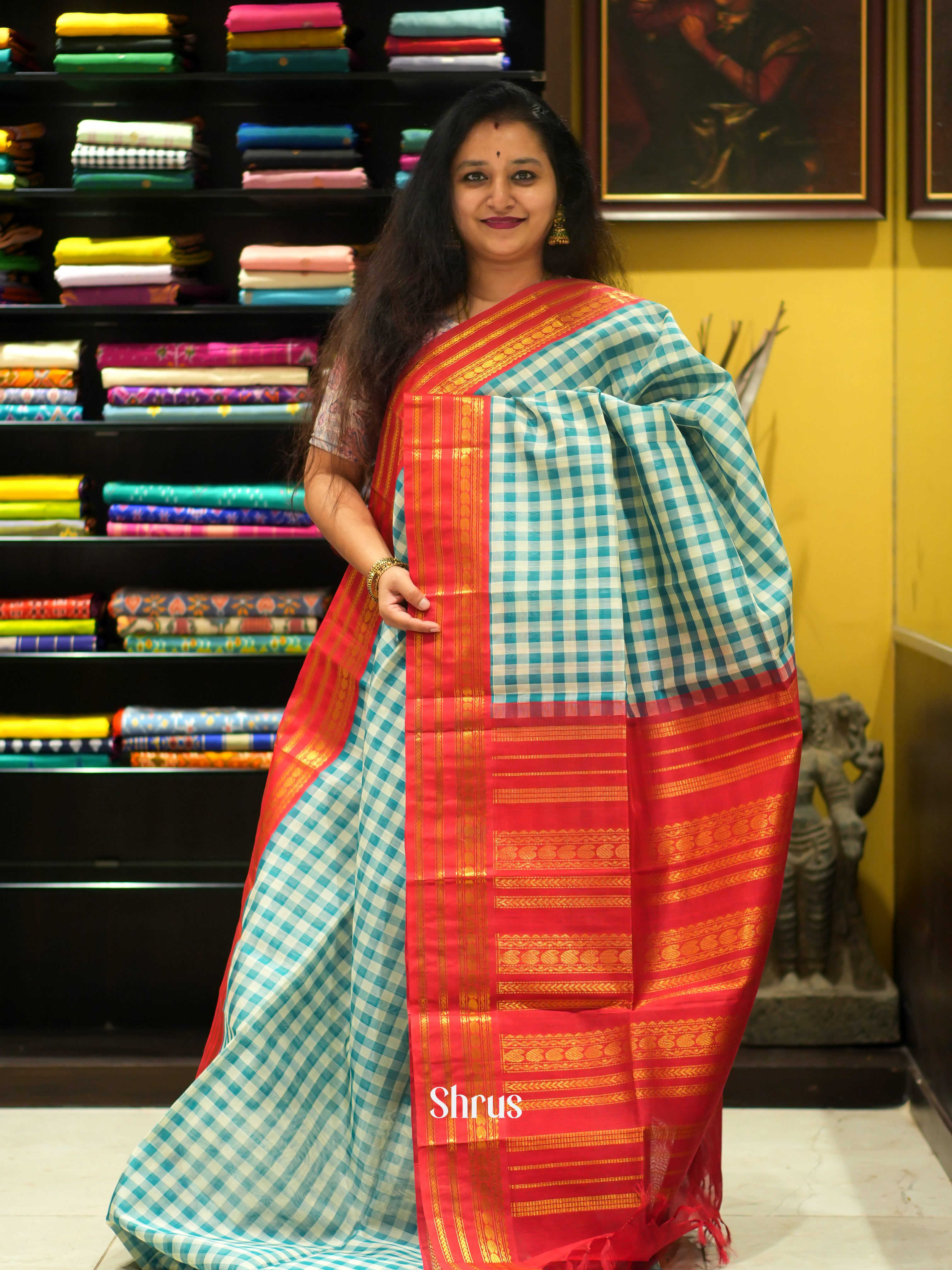 Blue & Red - Silk Cotton Saree - Shop on ShrusEternity.com