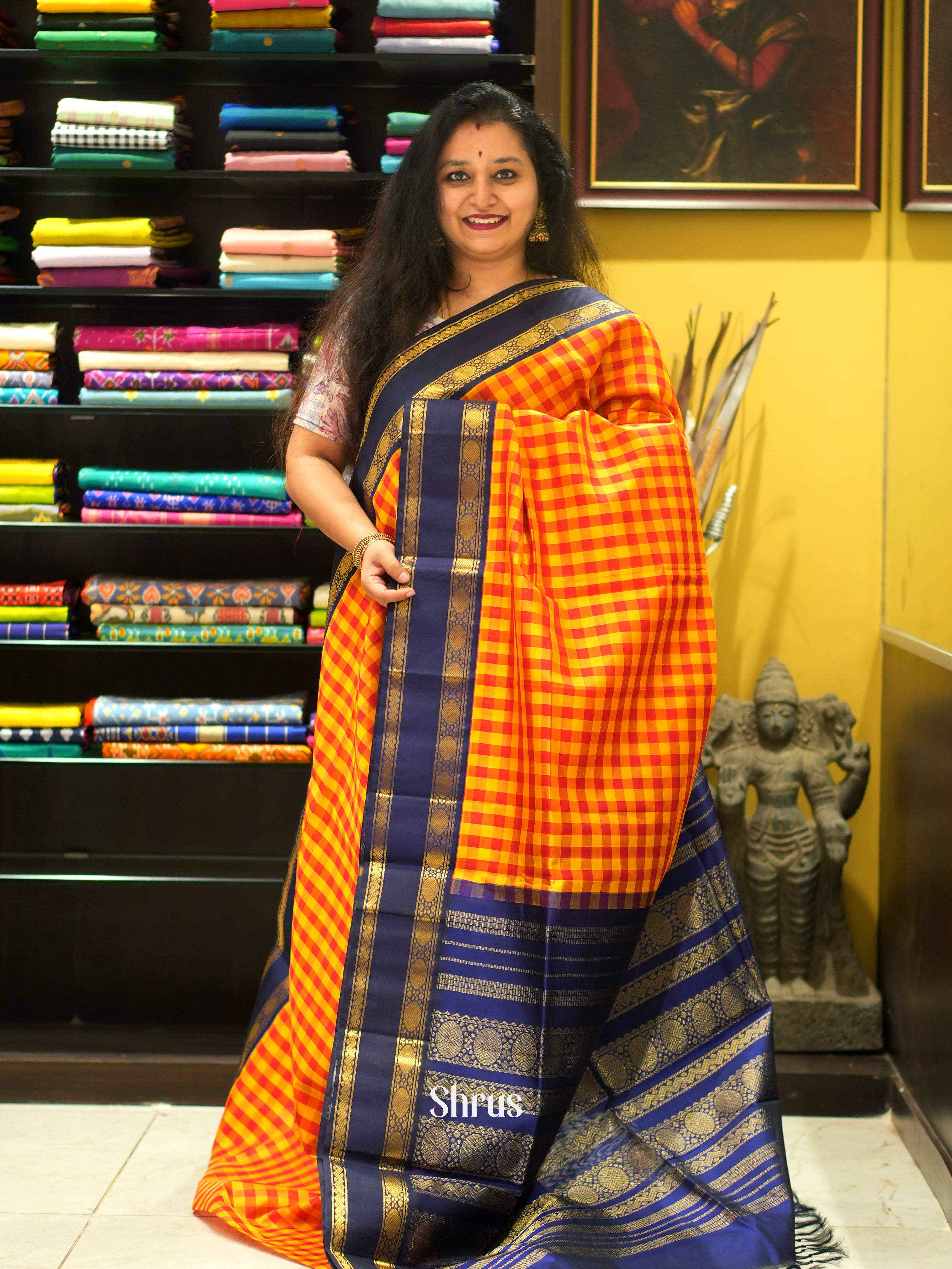 Yellow , Red & Blue - Silk Cotton Saree - Shop on ShrusEternity.com