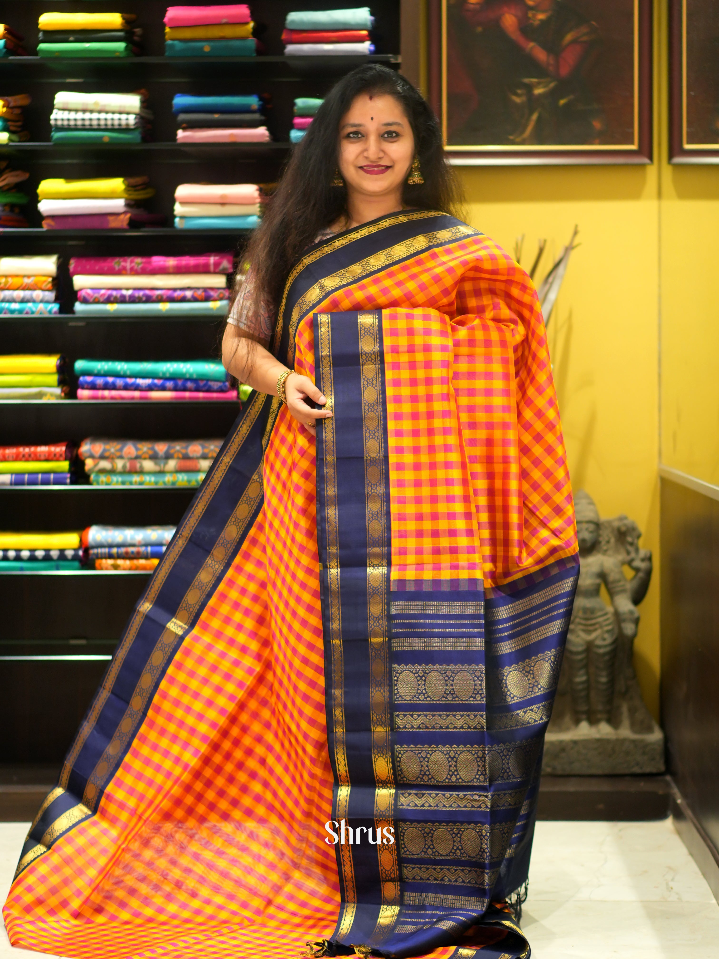 Pink , Yellow & Blue - Silk Cotton Saree - Shop on ShrusEternity.com