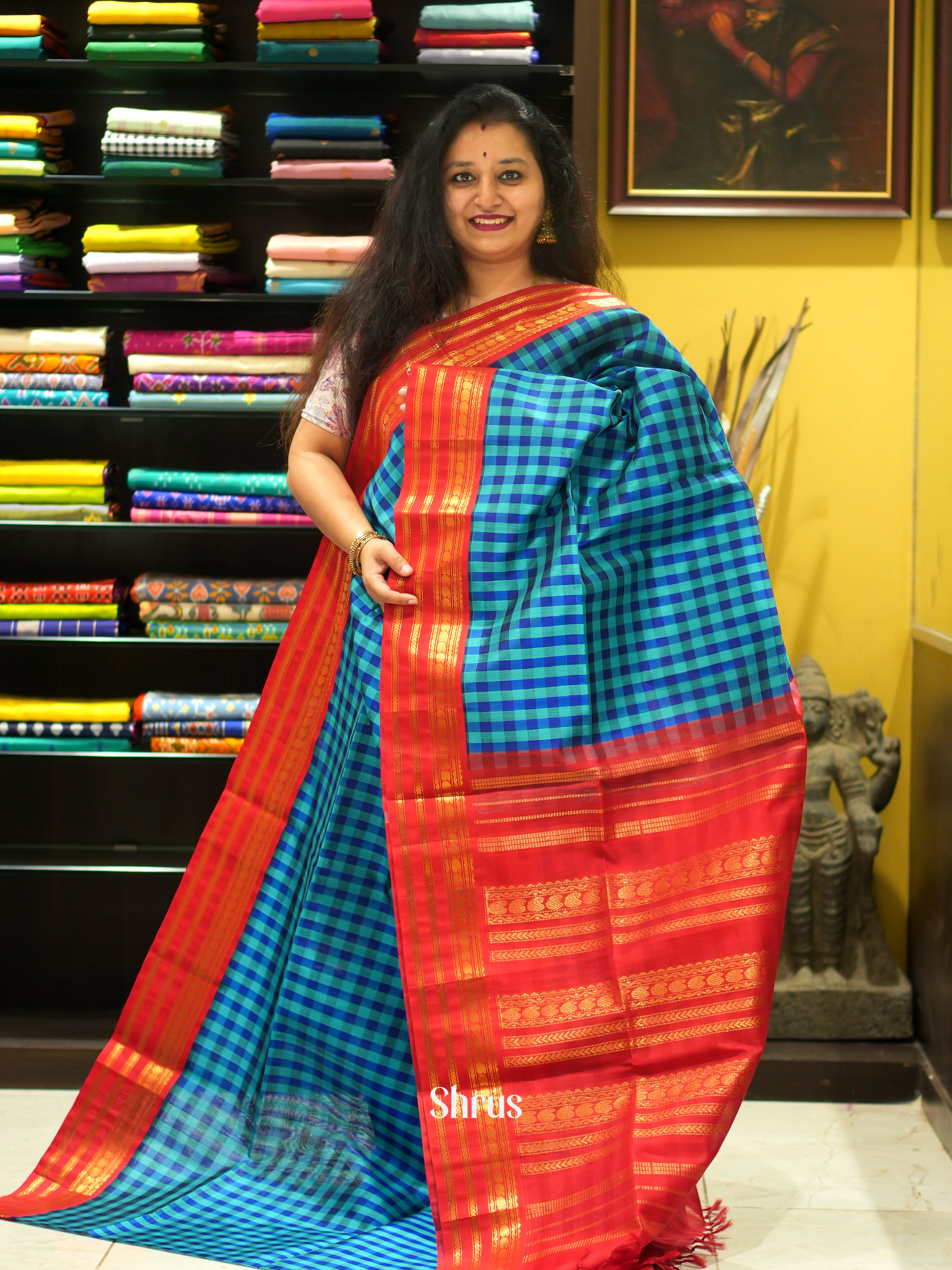 Blue & Red - Silk Cotton Saree - Shop on ShrusEternity.com