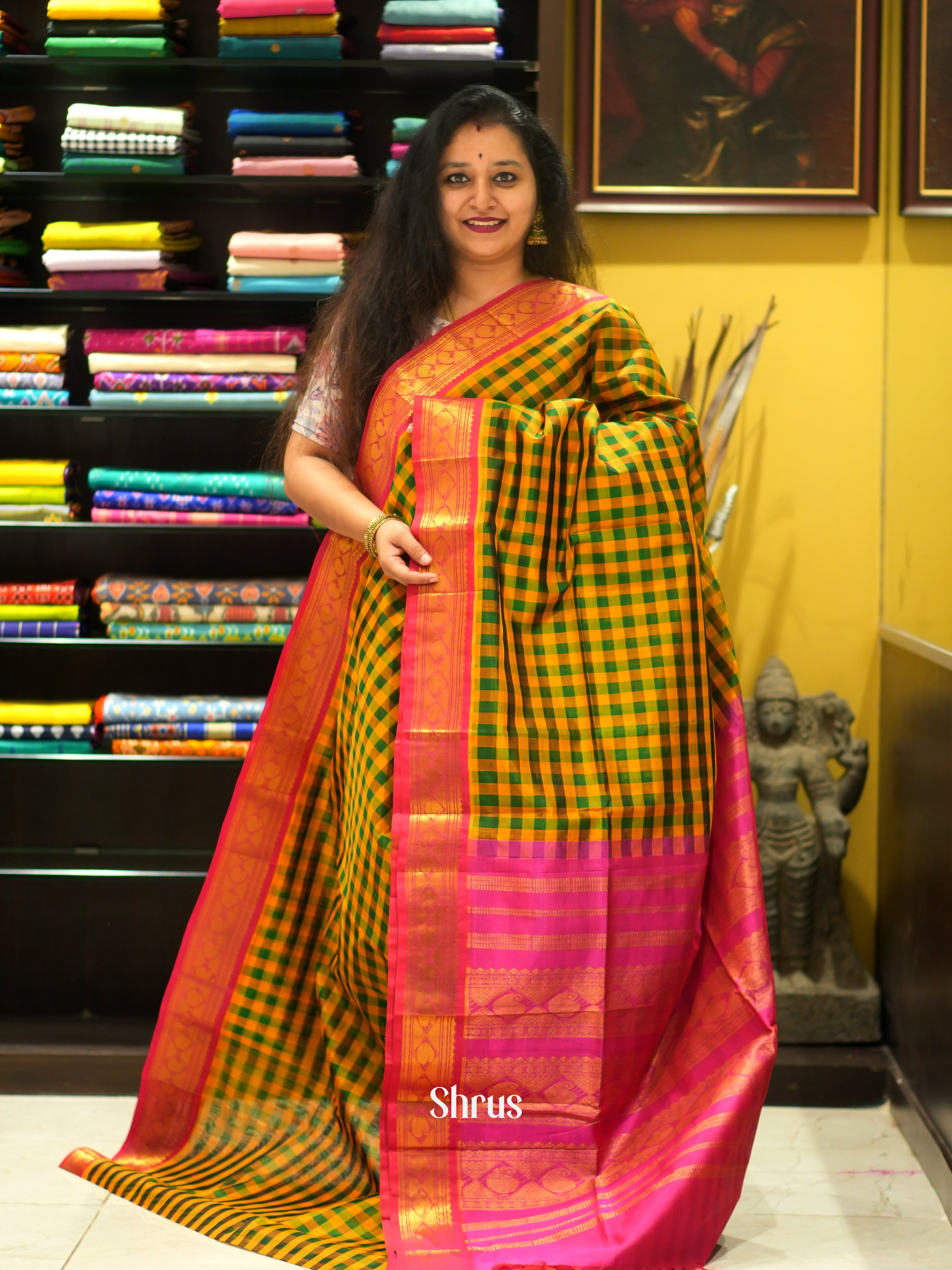 Green , Yellow & Pink - Silk Cotton Saree - Shop on ShrusEternity.com