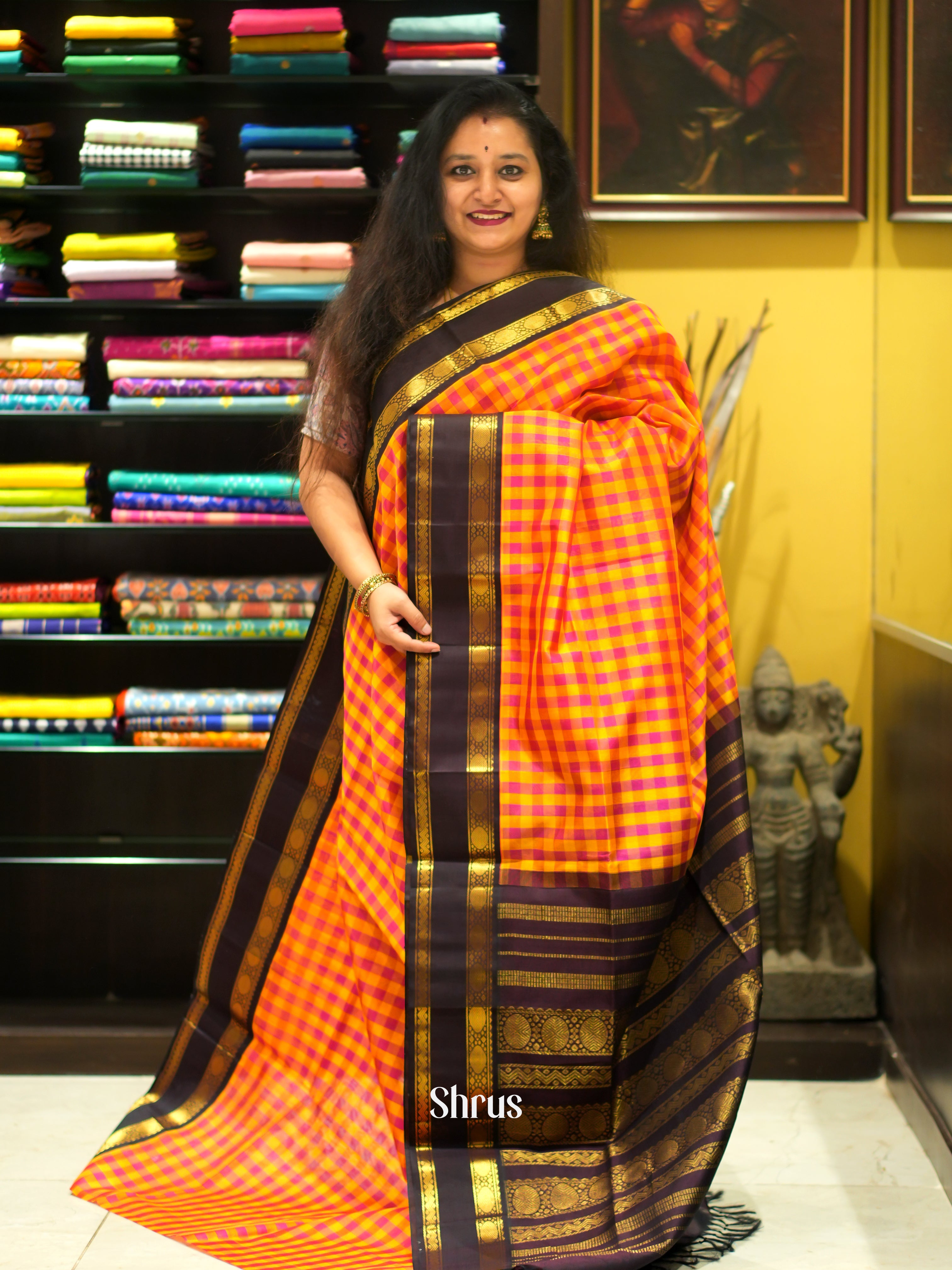 Yellow, Pink & Brown - Silk Cotton Saree - Shop on ShrusEternity.com