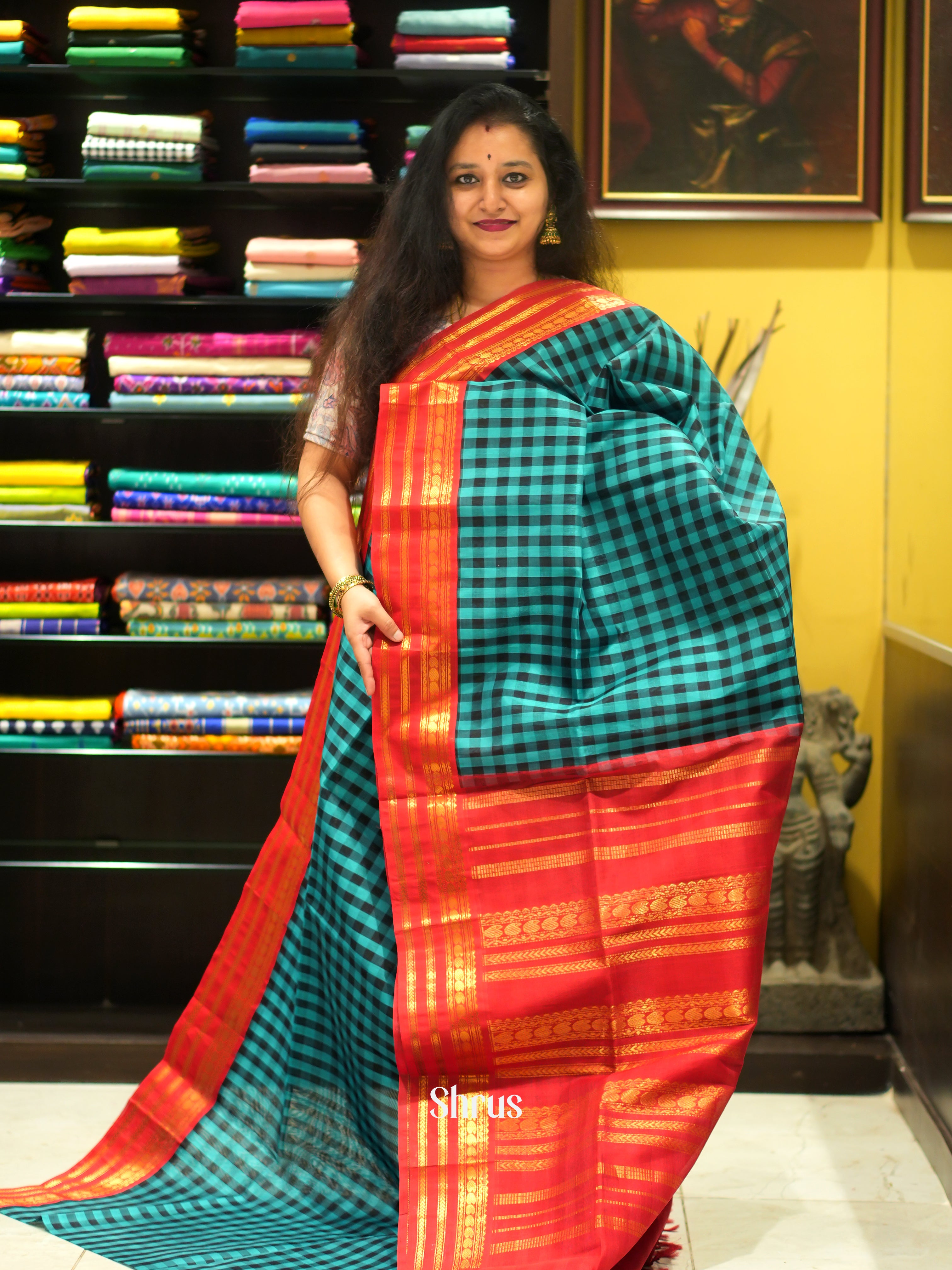 Blue, Black & Red - Silk Cotton Saree - Shop on ShrusEternity.com
