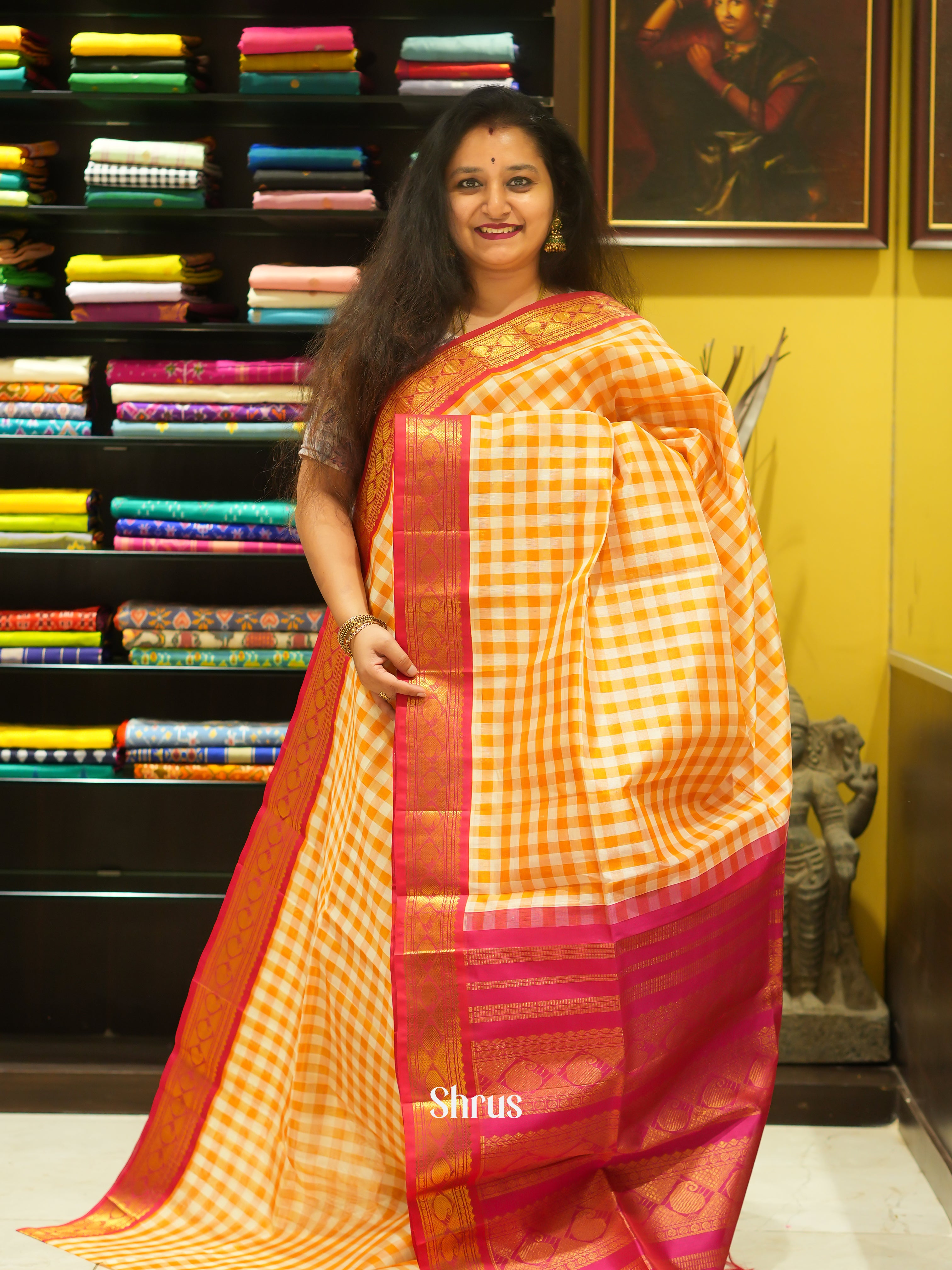 Orange & Pink - Silk Cotton Saree - Shop on ShrusEternity.com