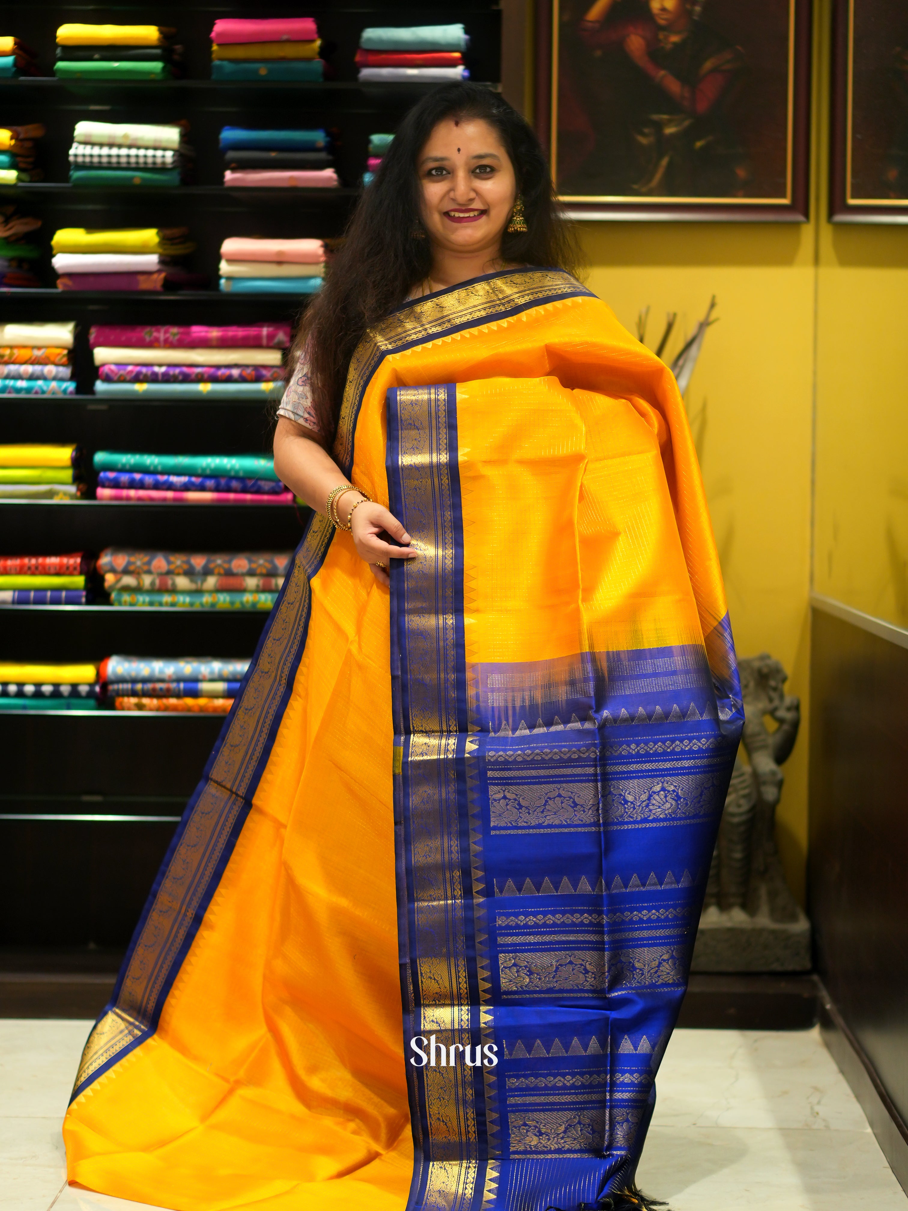 Yellow & Blue - Silk Cotton Saree - Shop on ShrusEternity.com