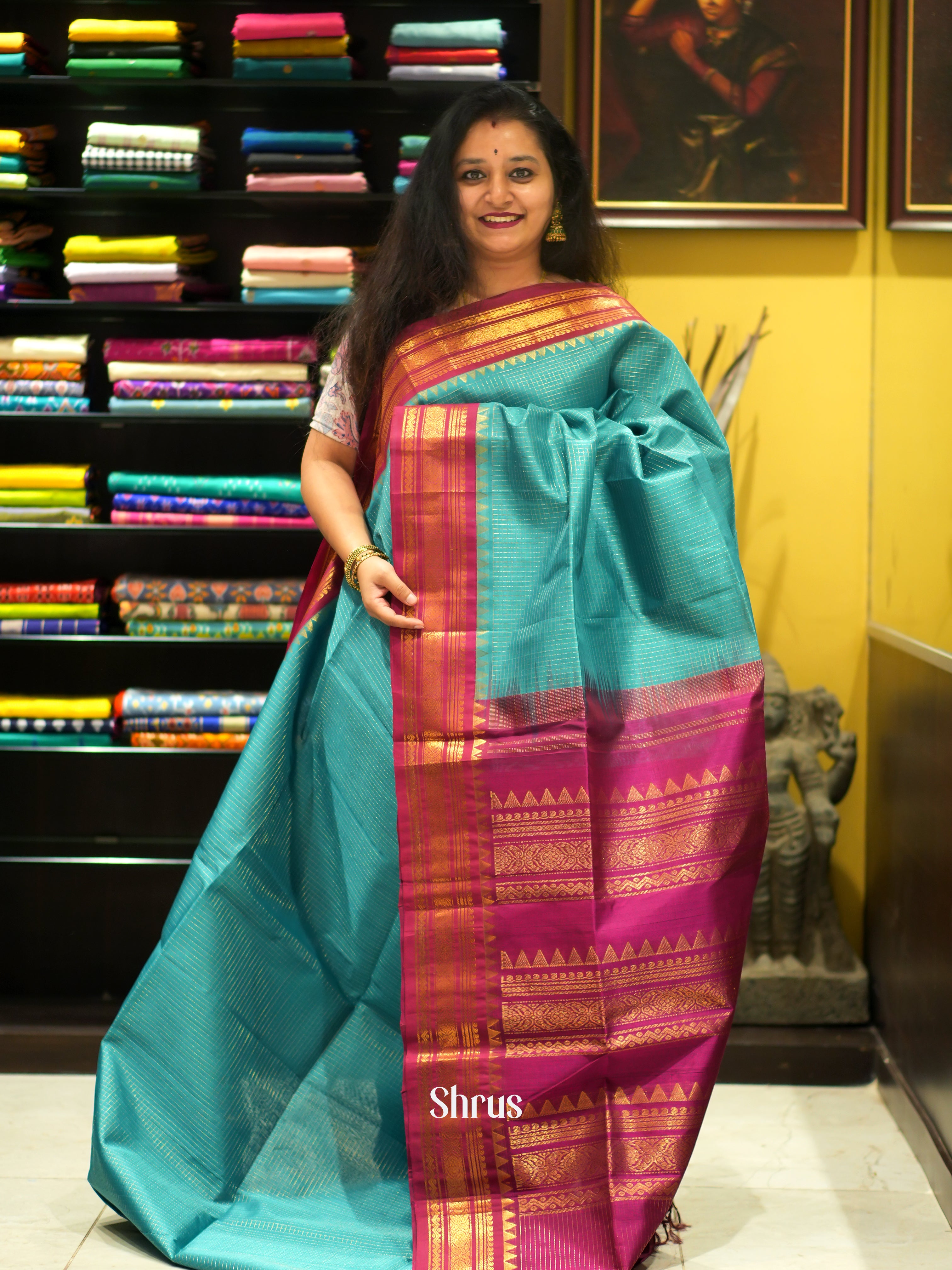 Blue & Majenta - Silk Cotton Saree - Shop on ShrusEternity.com