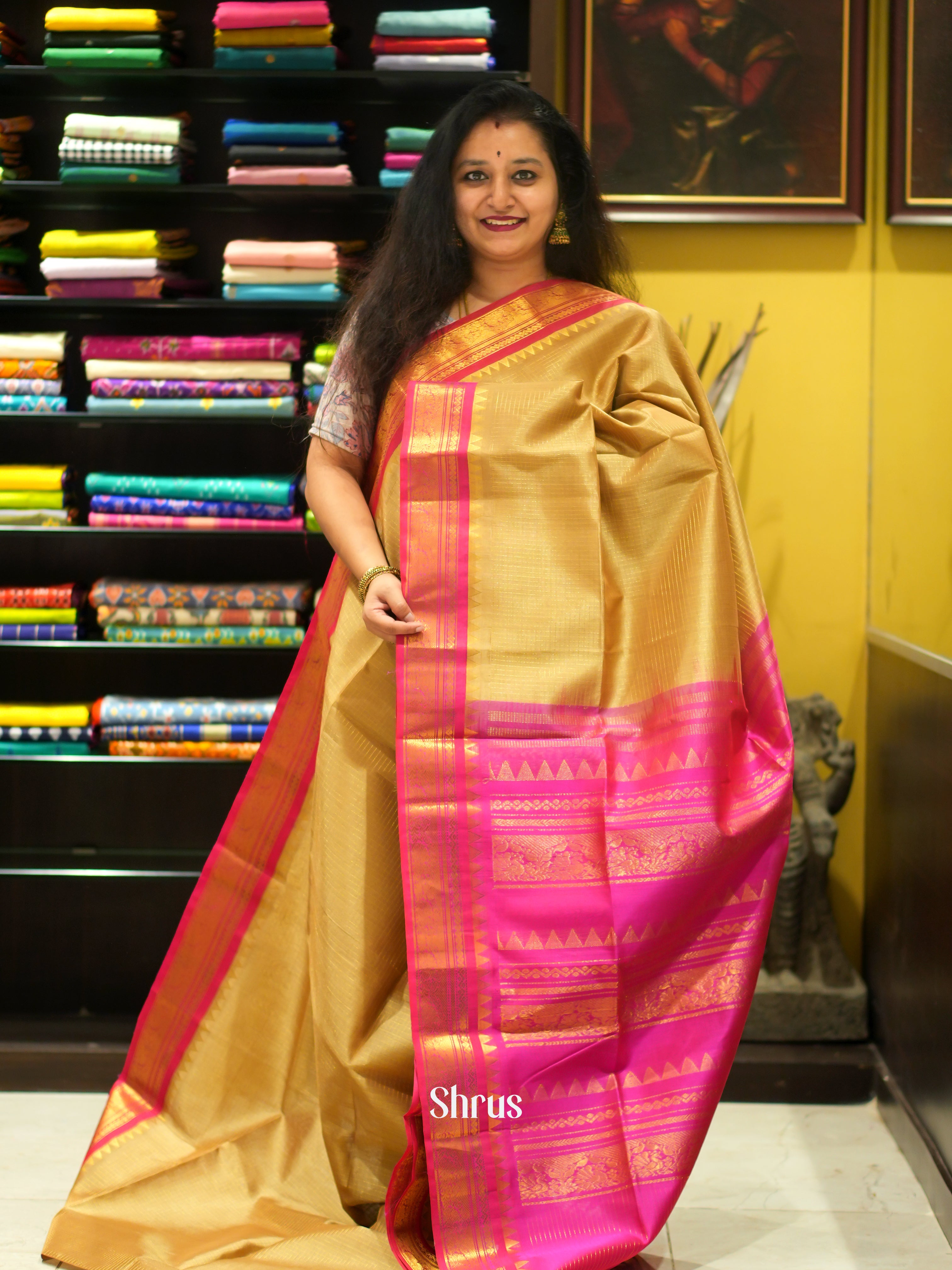 Gold & Pink - Silk Cotton Saree - Shop on ShrusEternity.com