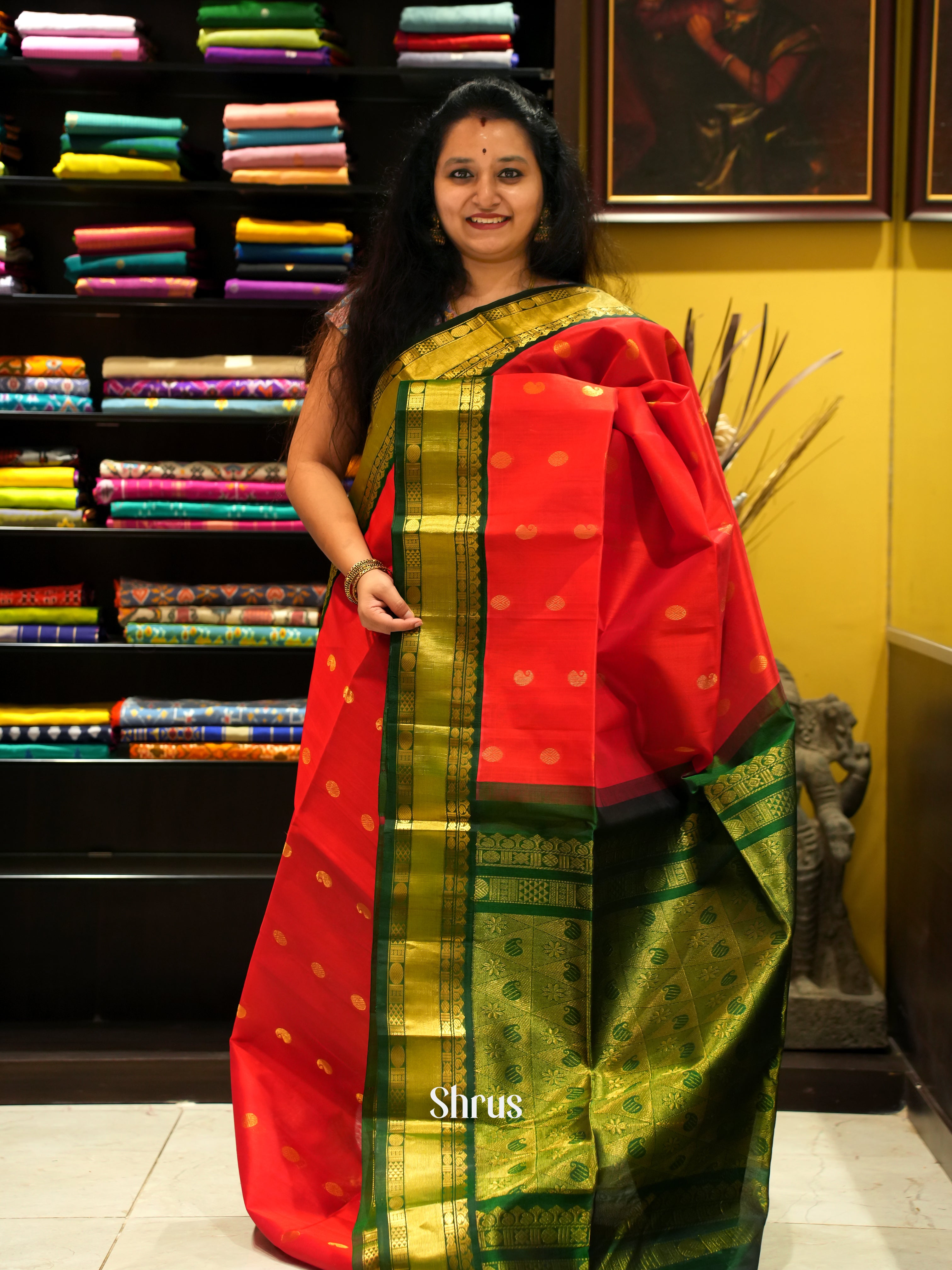 Red & Green- Silk Cotton Saree - Shop on ShrusEternity.com