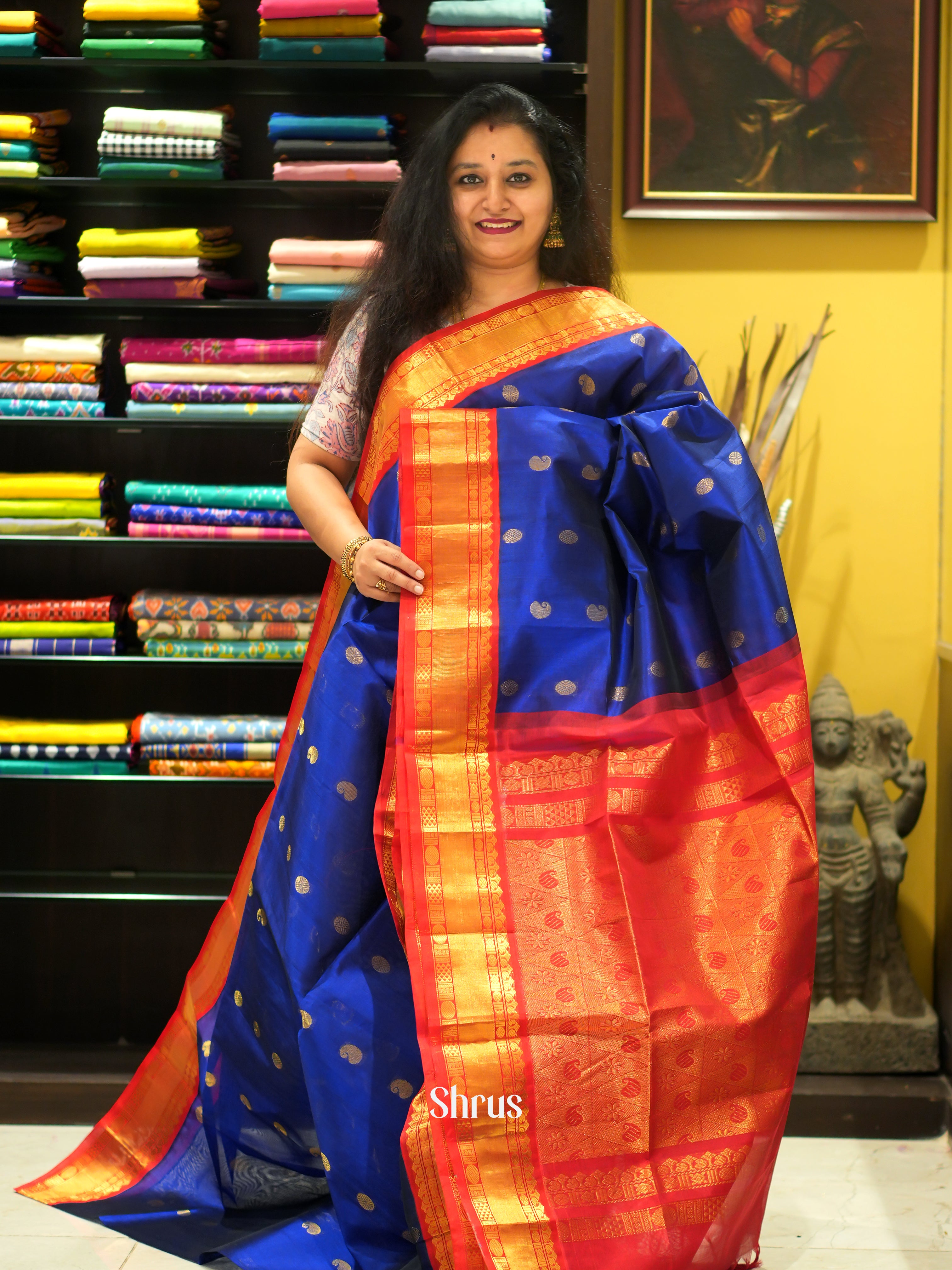 Blue & Red - Silk Cotton Saree - Shop on ShrusEternity.com