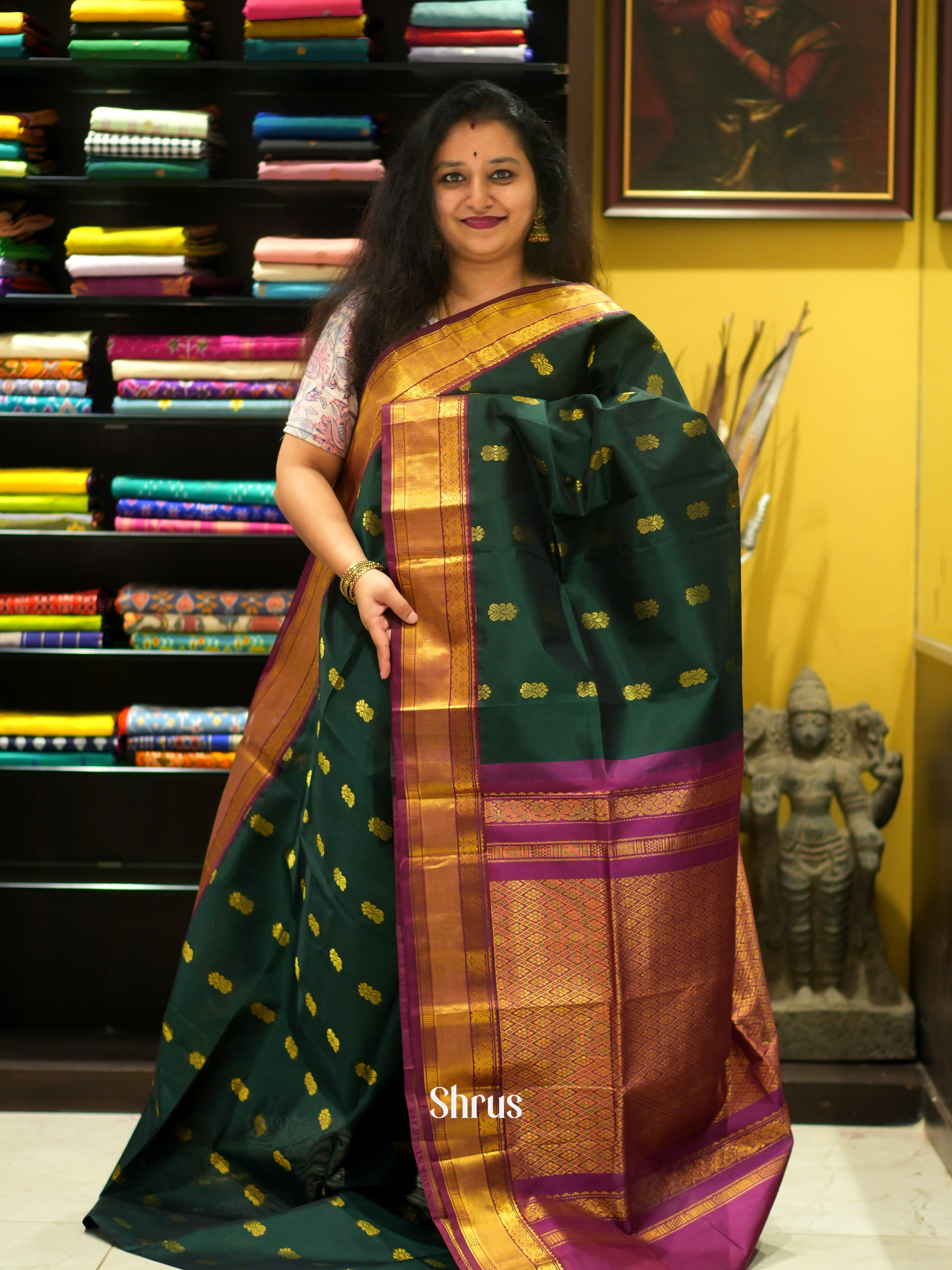 Green & Purple - Silk Cotton Saree - Shop on ShrusEternity.com