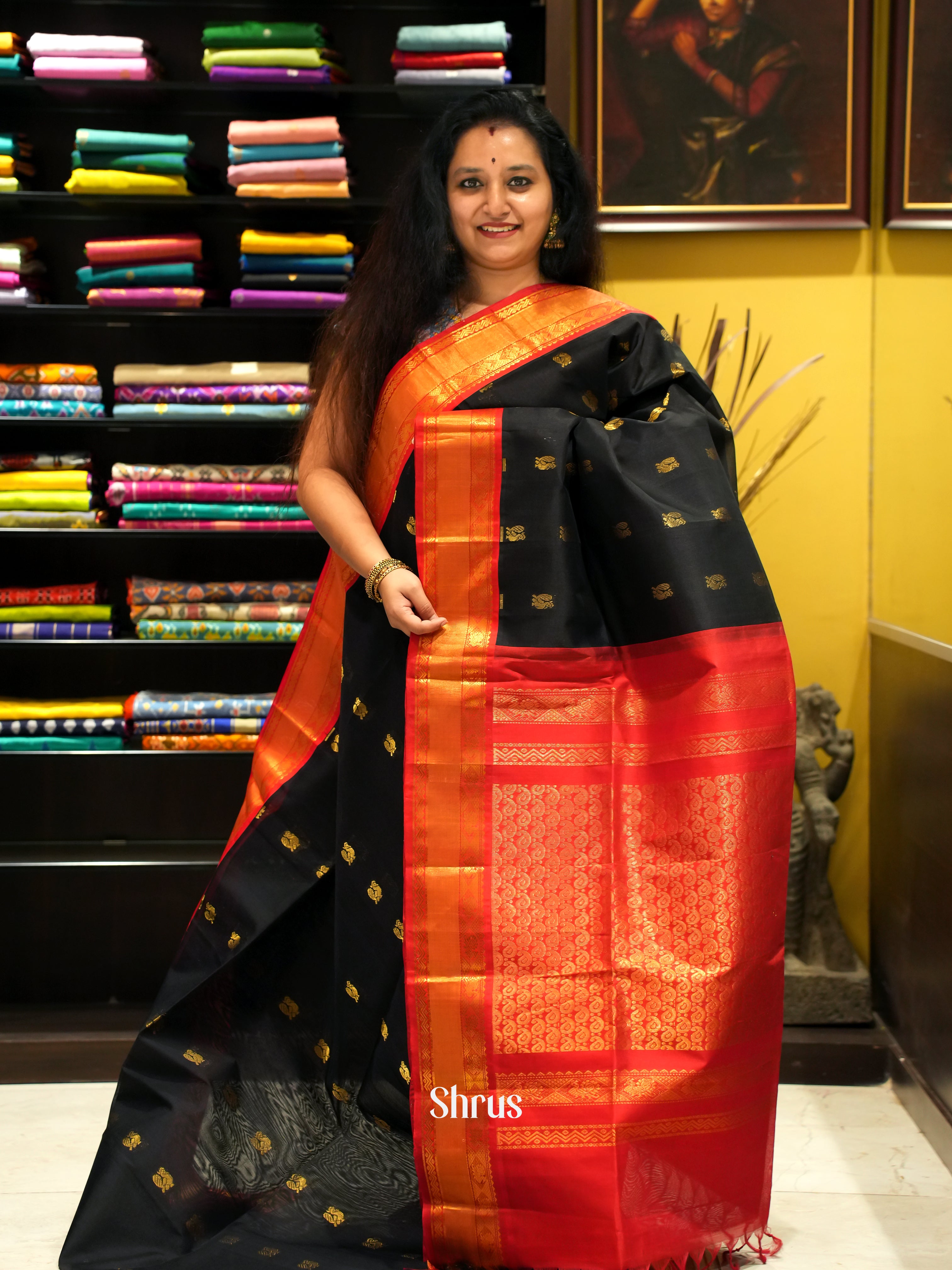 Black & Red - Silk Cotton Saree - Shop on ShrusEternity.com