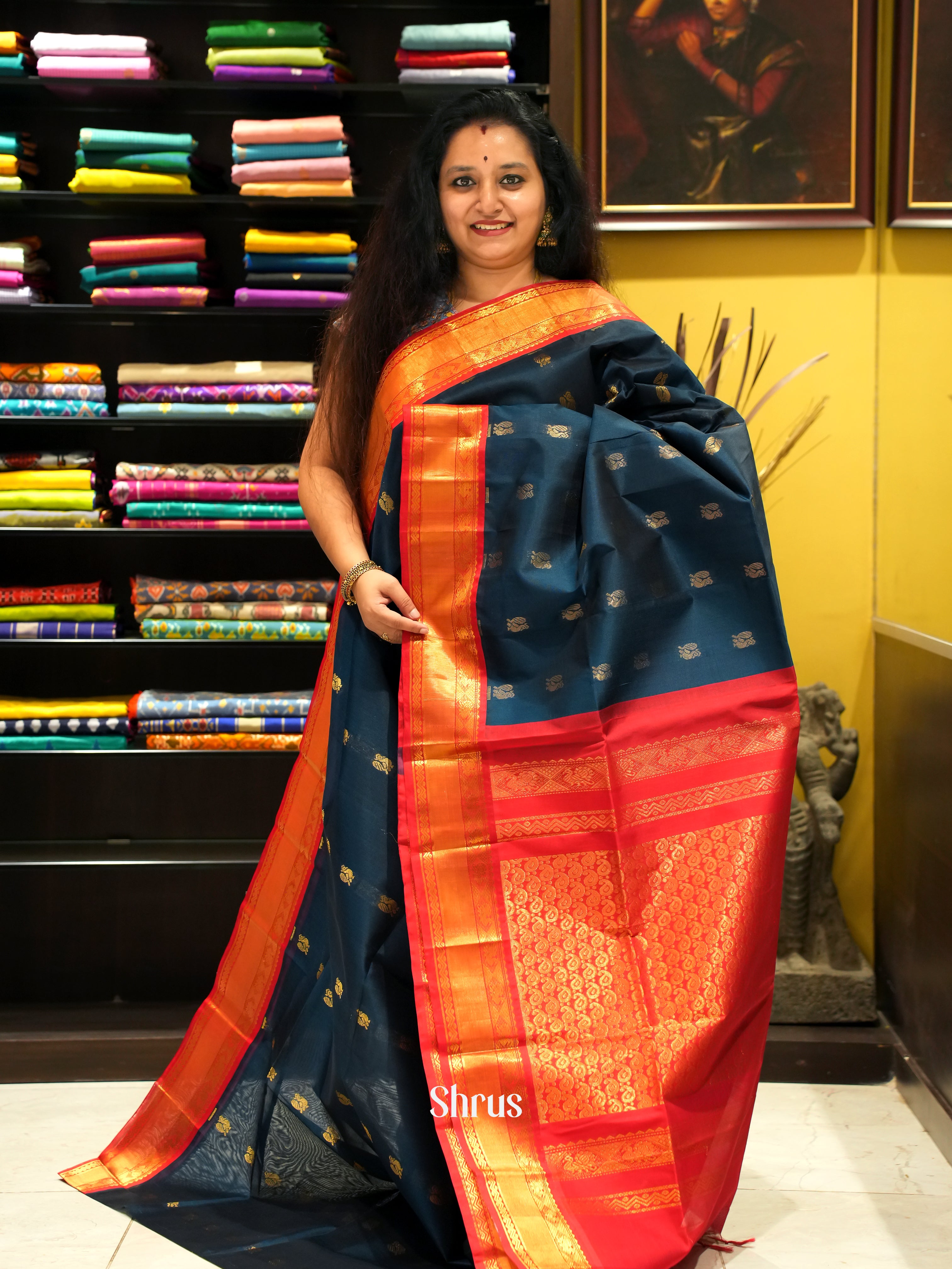 Blue & Red - Silk Cotton Saree - Shop on ShrusEternity.com
