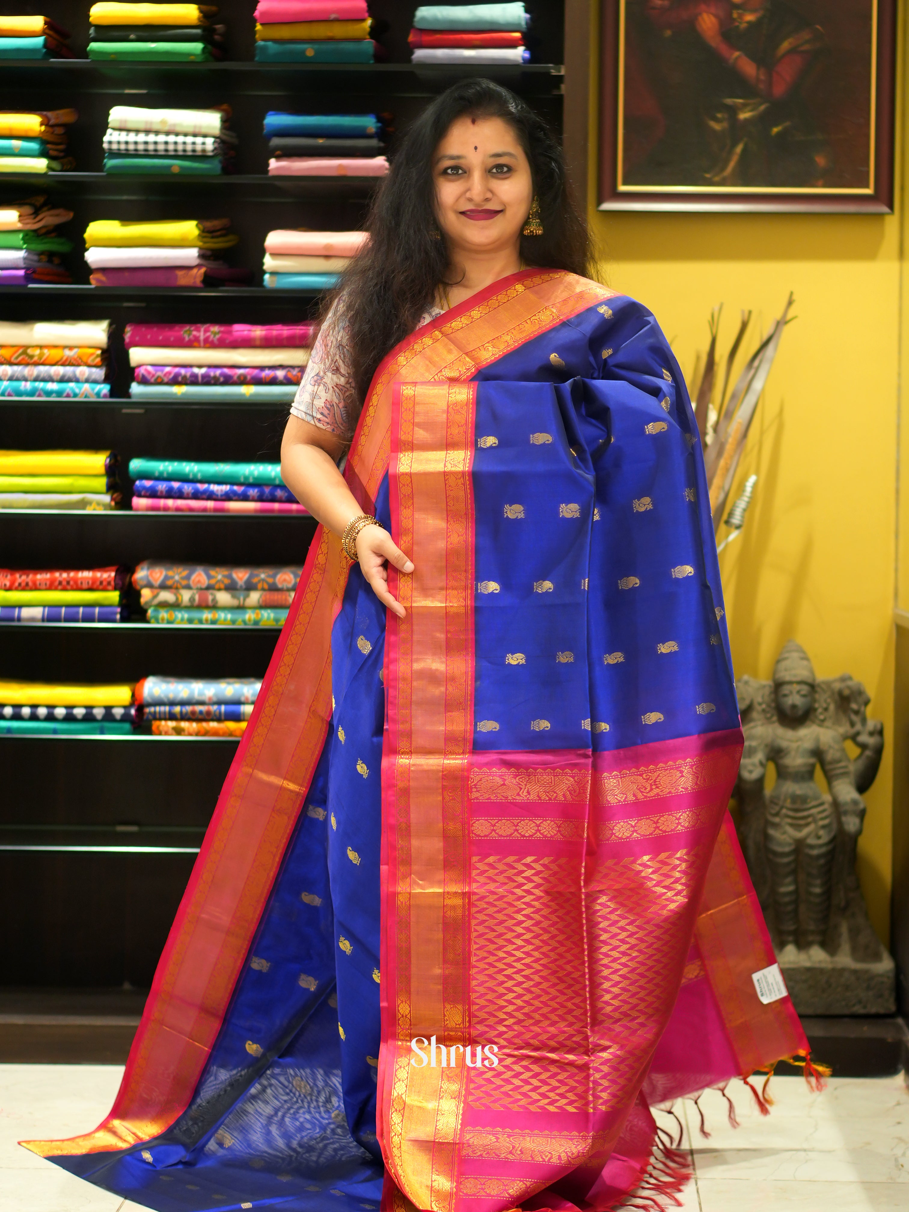 Blue & Reddish Pink - Silk Cotton Saree - Shop on ShrusEternity.com