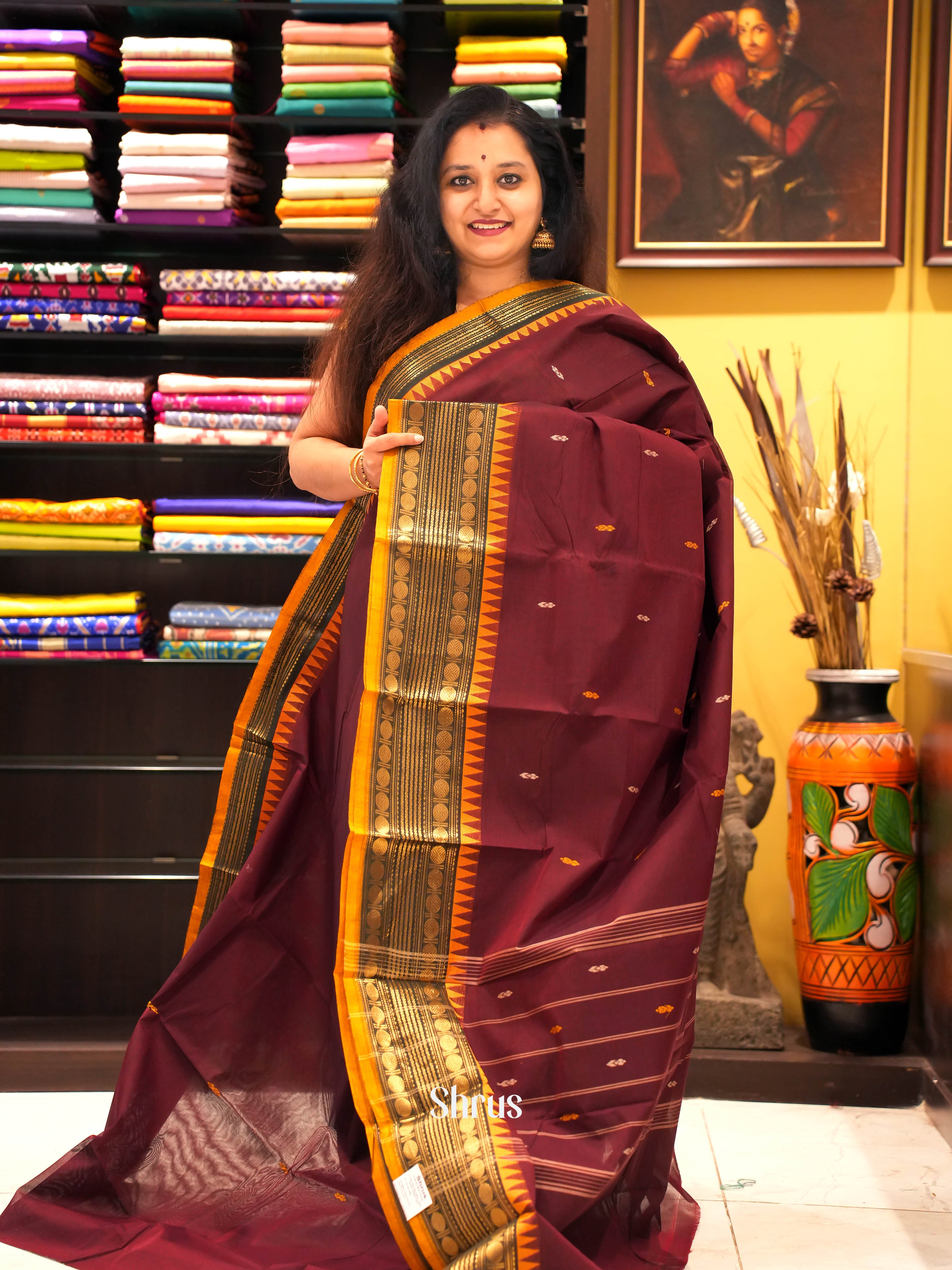 Maroon & Mustard - Chettinad Cotton Saree - Shop on ShrusEternity.com