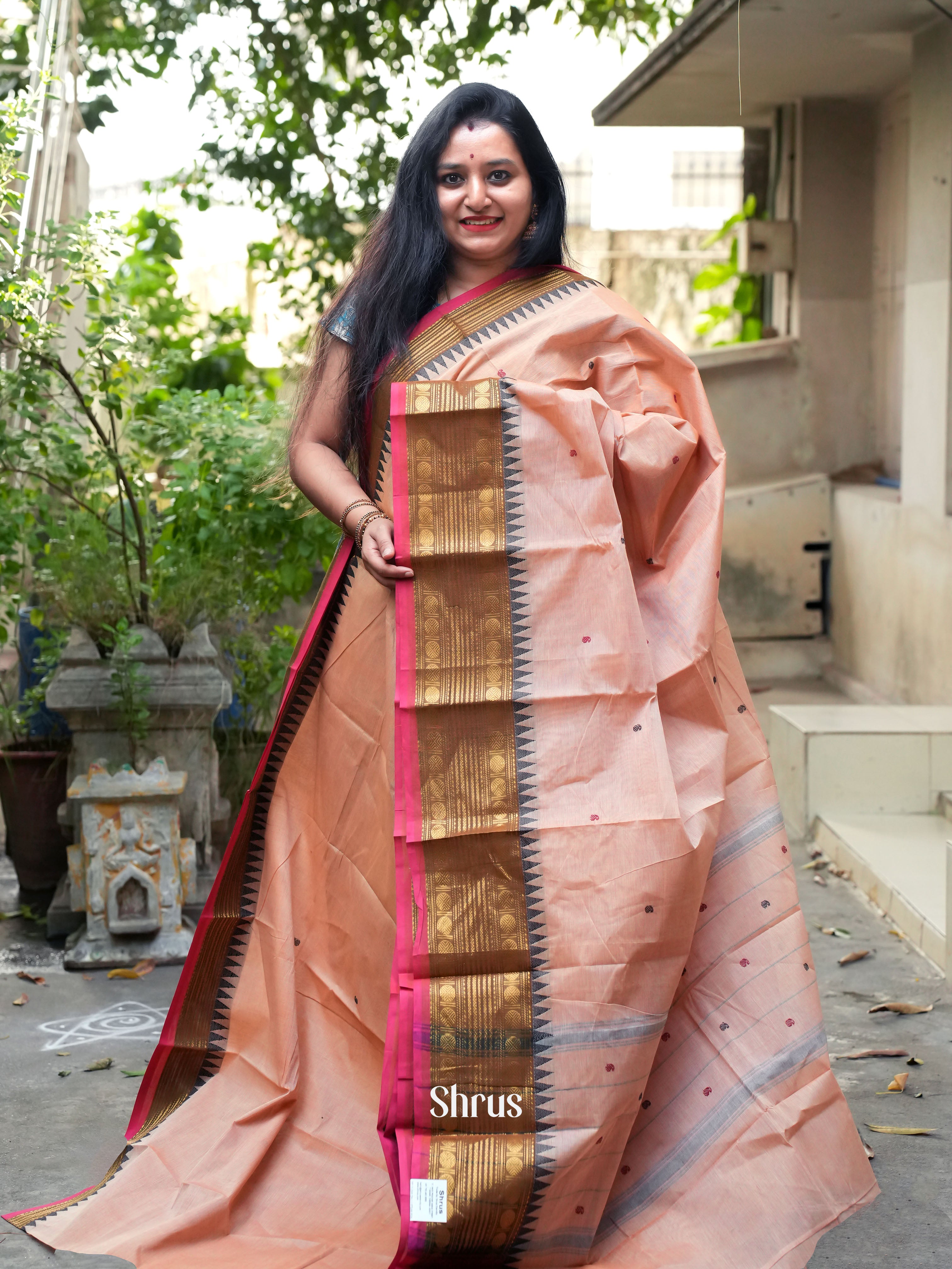 Peach & Red - Chettinad Cotton Saree - Shop on ShrusEternity.com