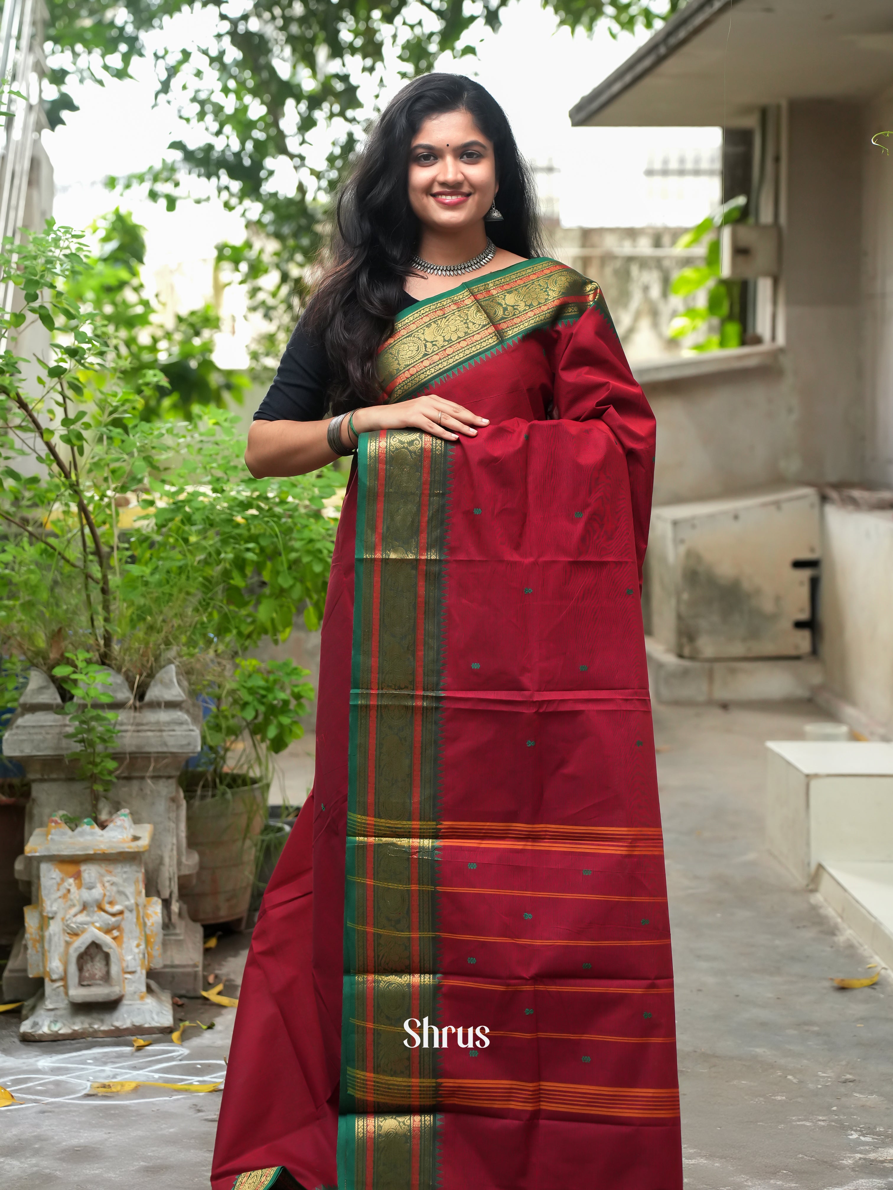 Red & Green -Chettinad Cotton Saree - Shop on ShrusEternity.com