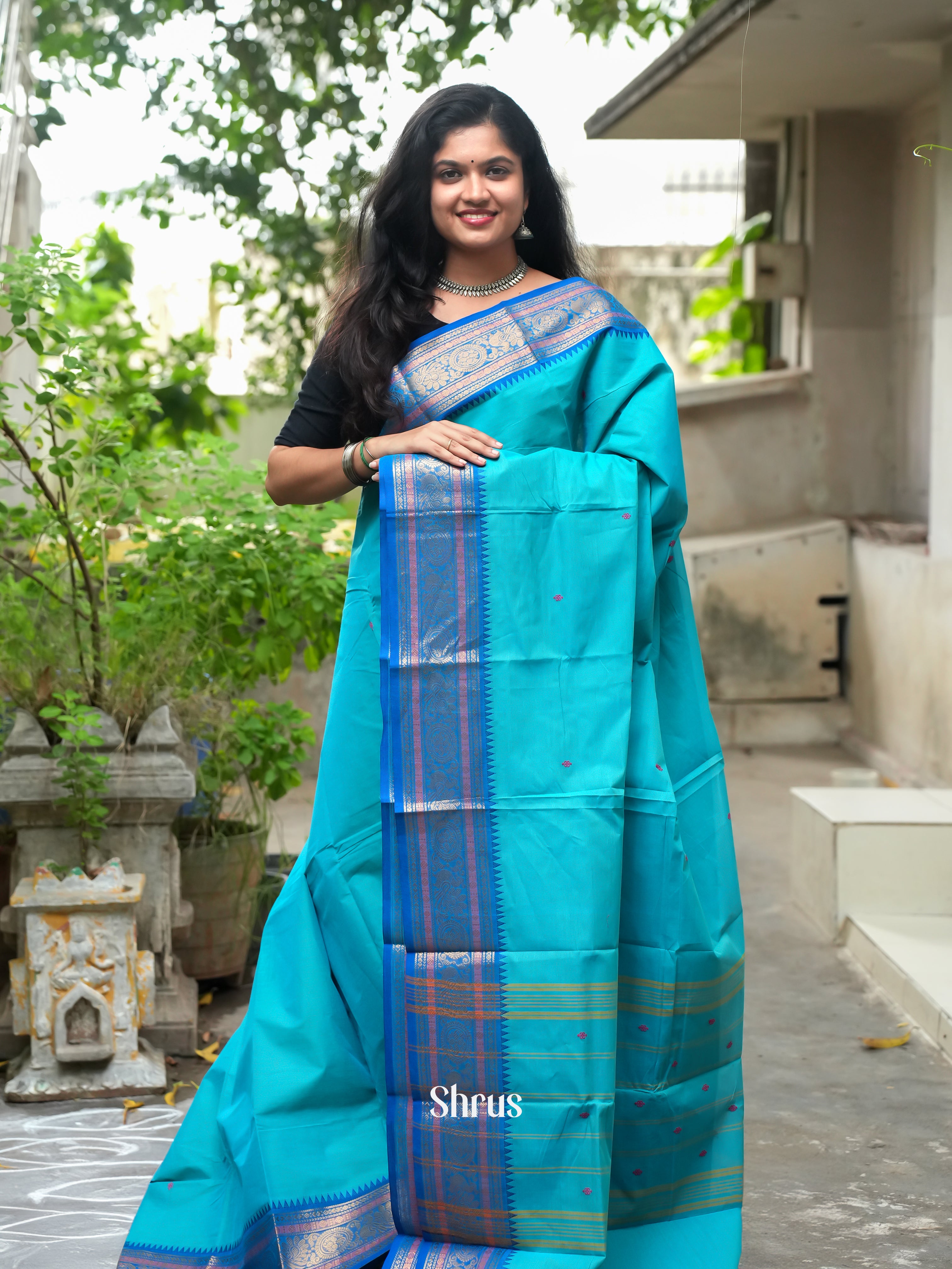 Teal & Blue -Chettinad Cotton Saree - Shop on ShrusEternity.com