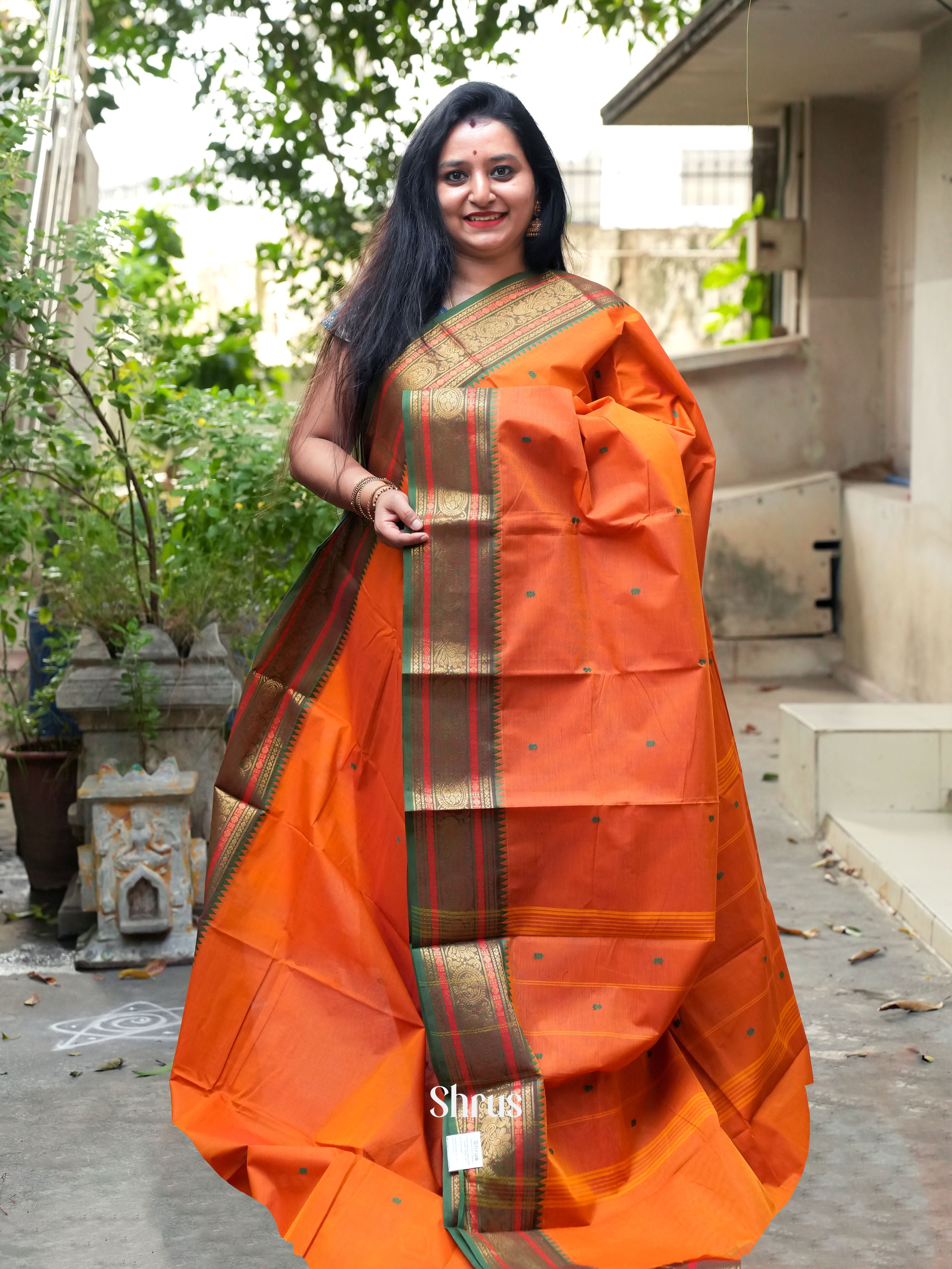 Orange & Green - Chettinad Cotton Saree - Shop on ShrusEternity.com
