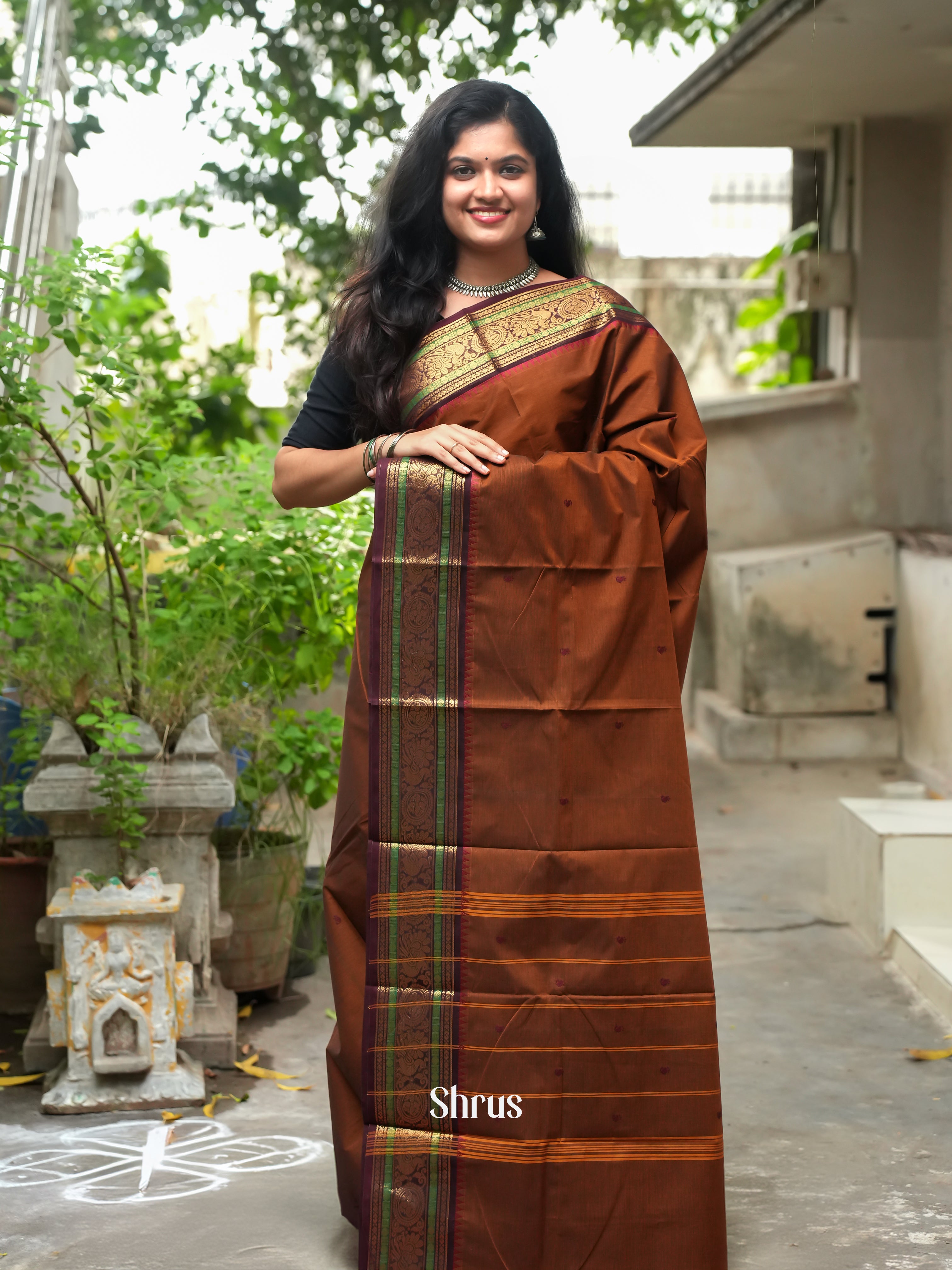 Honey & Brown -Chettinad Cotton Saree - Shop on ShrusEternity.com