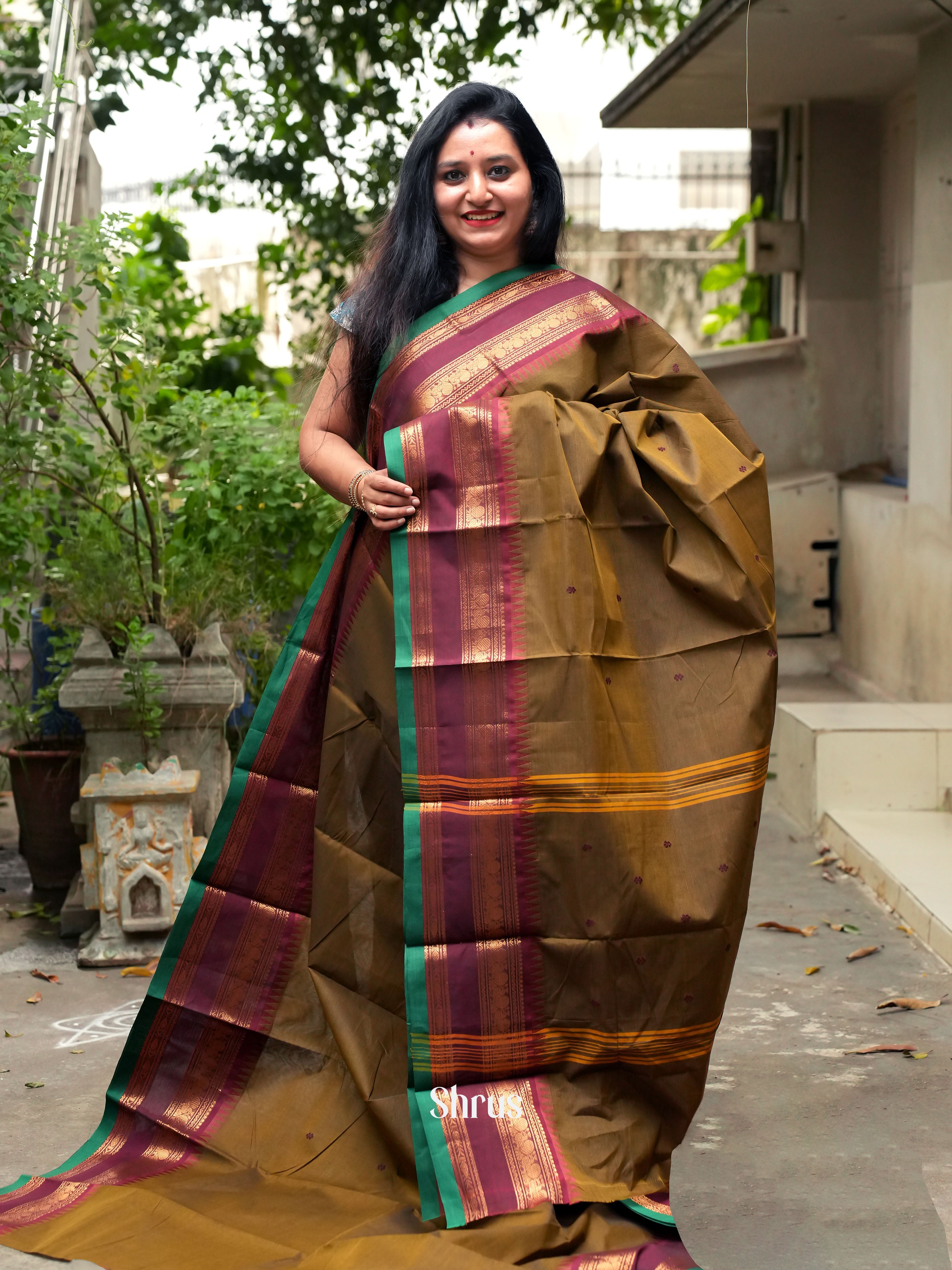 Army Green & Brown - Chettinad Cotton Saree - Shop on ShrusEternity.com