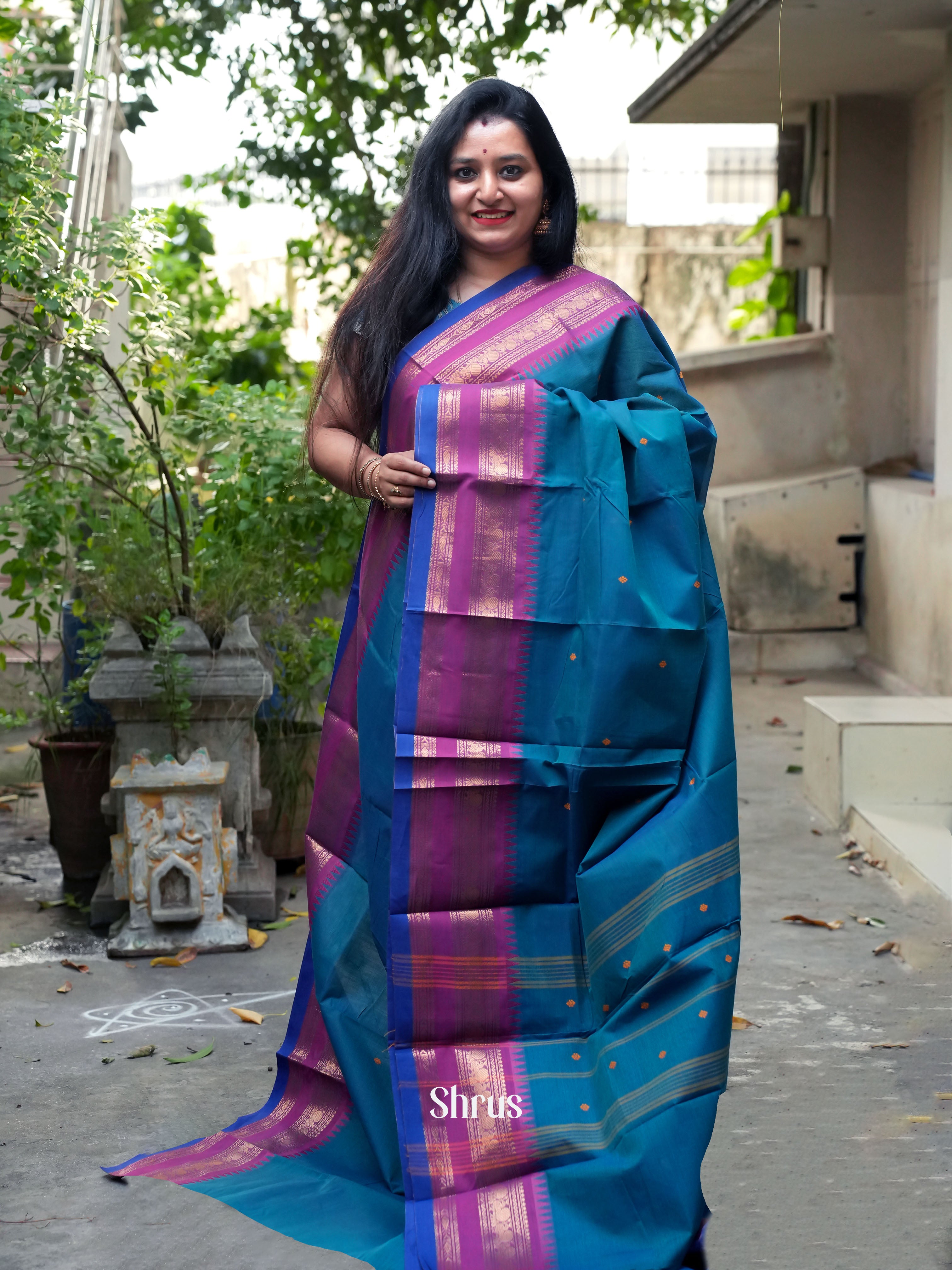Blue & Purple - Chettinad Cotton Saree - Shop on ShrusEternity.com