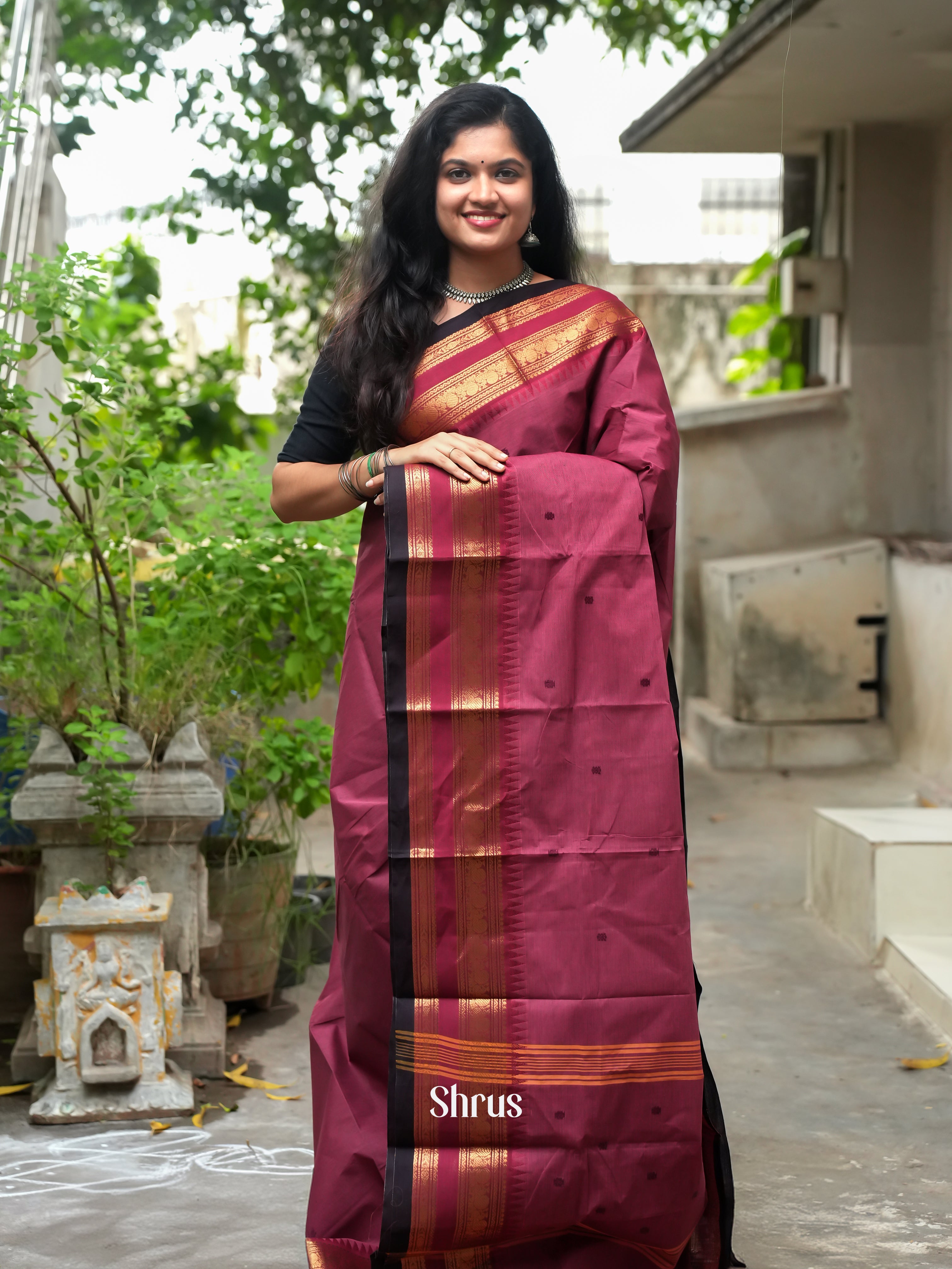 Pink & Black -Chettinad Cotton Saree - Shop on ShrusEternity.com