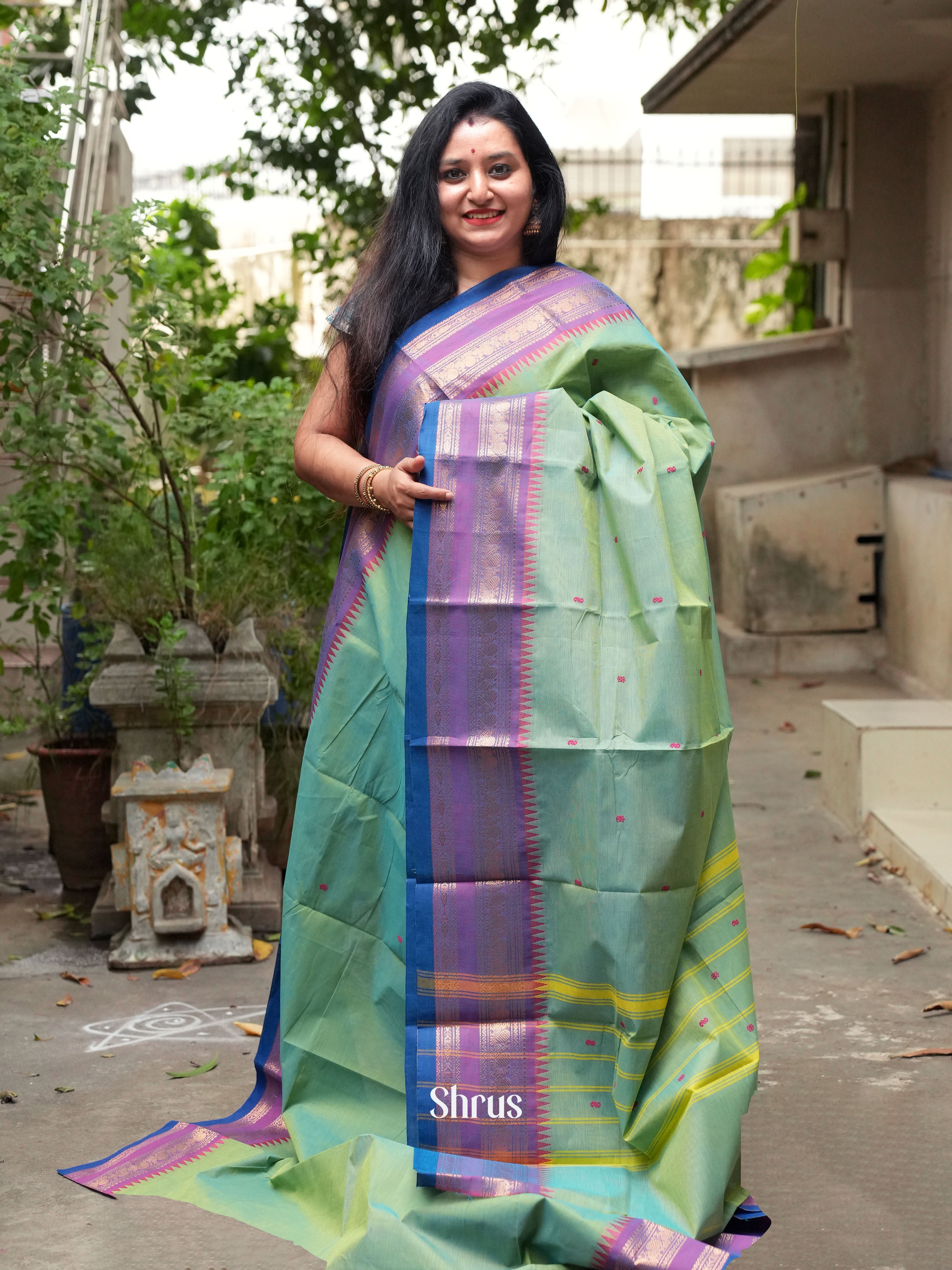 Pista Green & Purple- Chettinad Cotton Saree - Shop on ShrusEternity.com