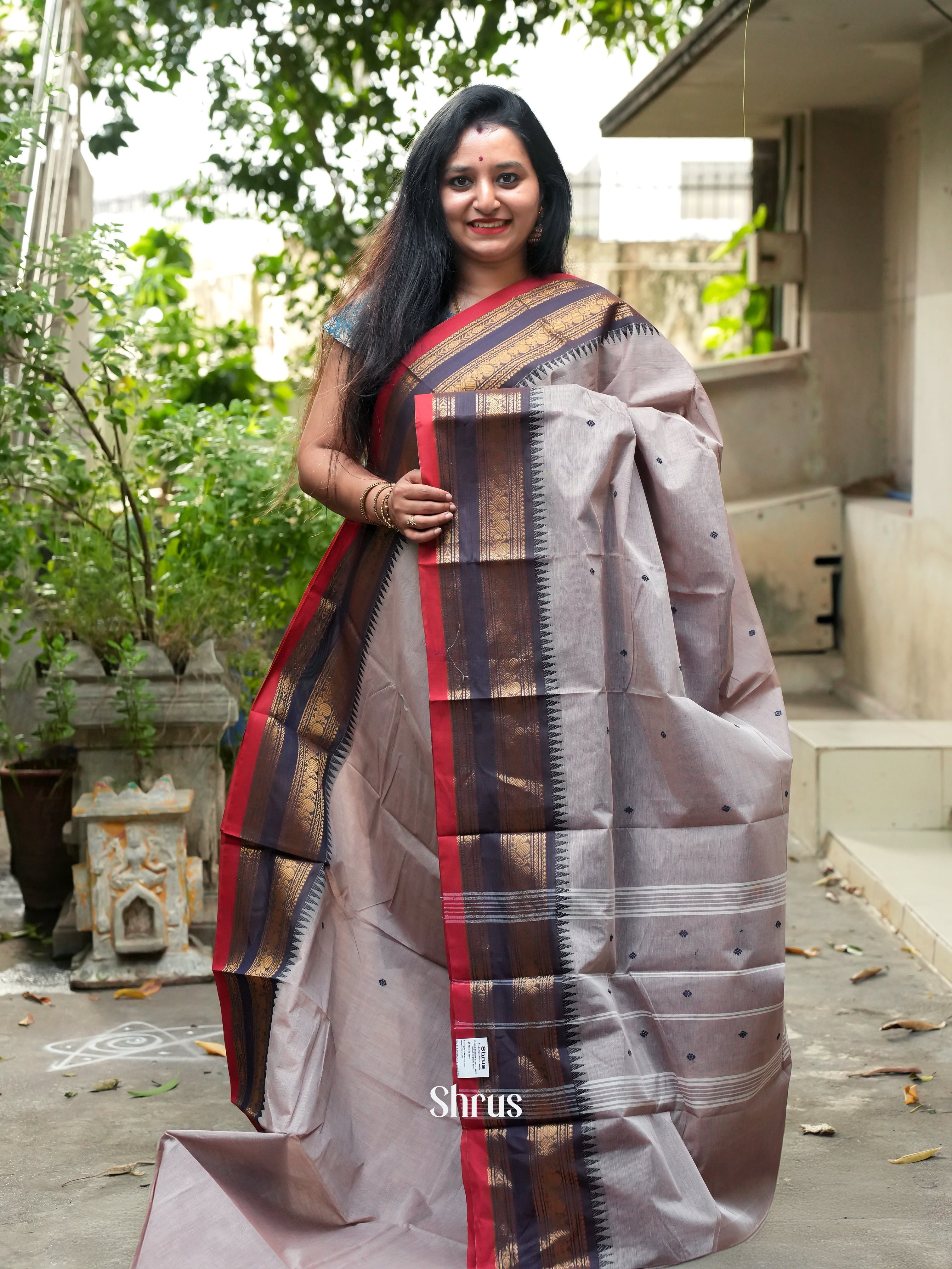 Grey & Red - Chettinad Cotton Saree - Shop on ShrusEternity.com