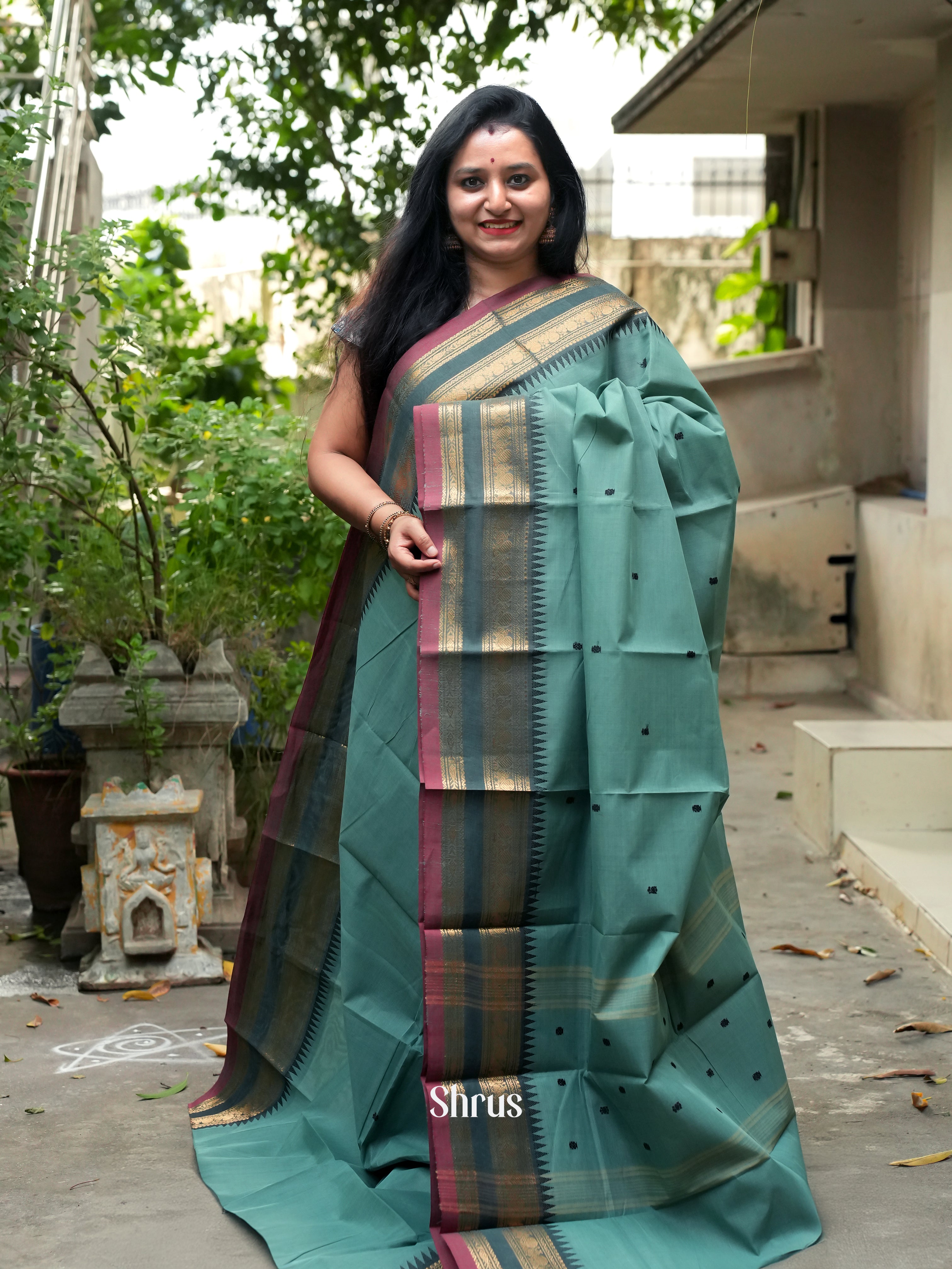 Greenish Grey - Chettinad Cotton Saree - Shop on ShrusEternity.com