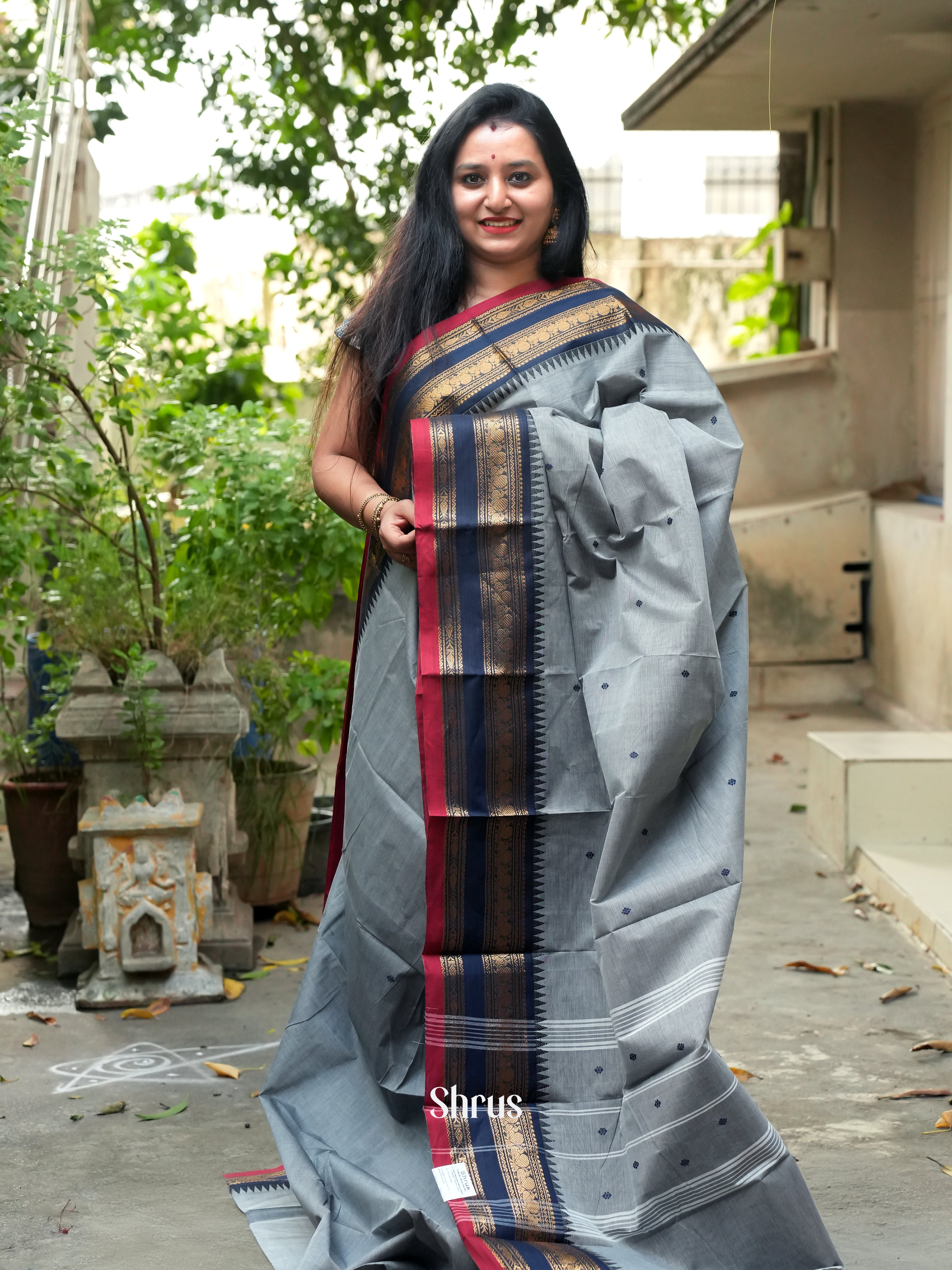Grey & Blue - Chettinad Cotton Saree - Shop on ShrusEternity.com