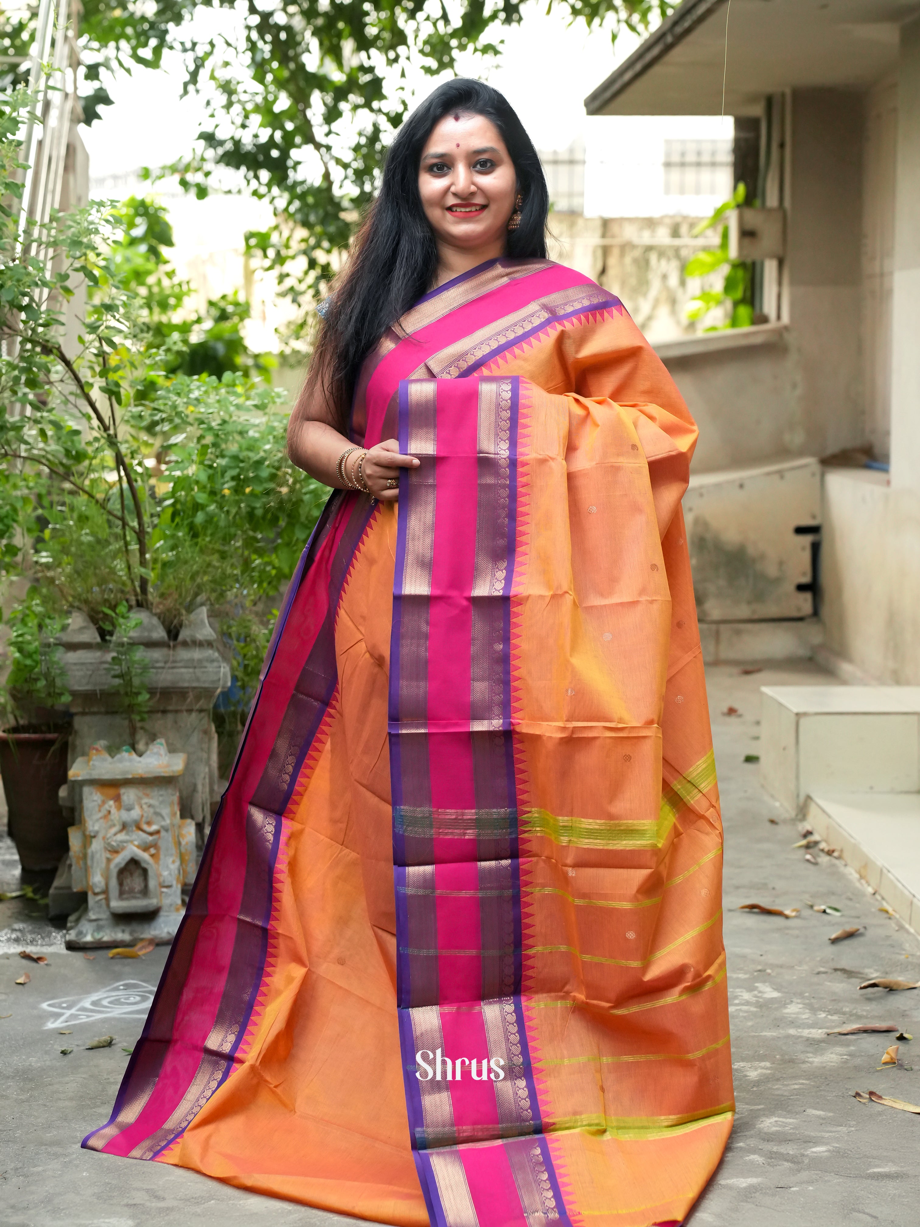 Orange & Pink - Chettinad Cotton Saree - Shop on ShrusEternity.com